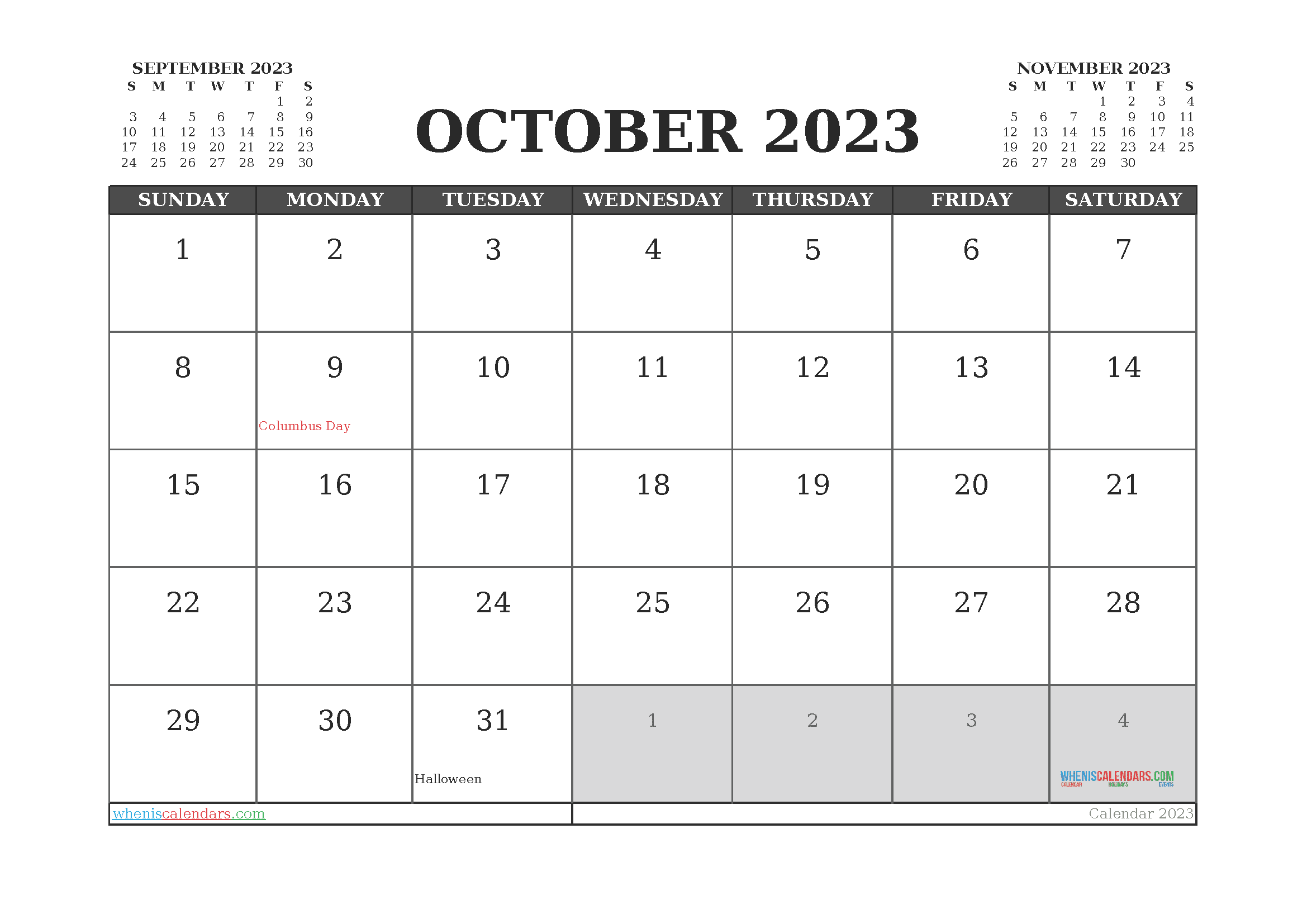 Free Printable Calendar October 2023 with Holidays PDF in Landscape