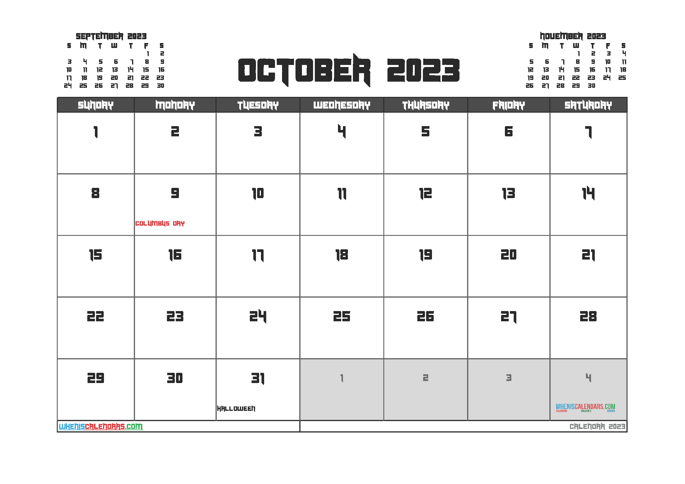 Printable October 2023 Calendar with Holidays Free PDF in Landscape