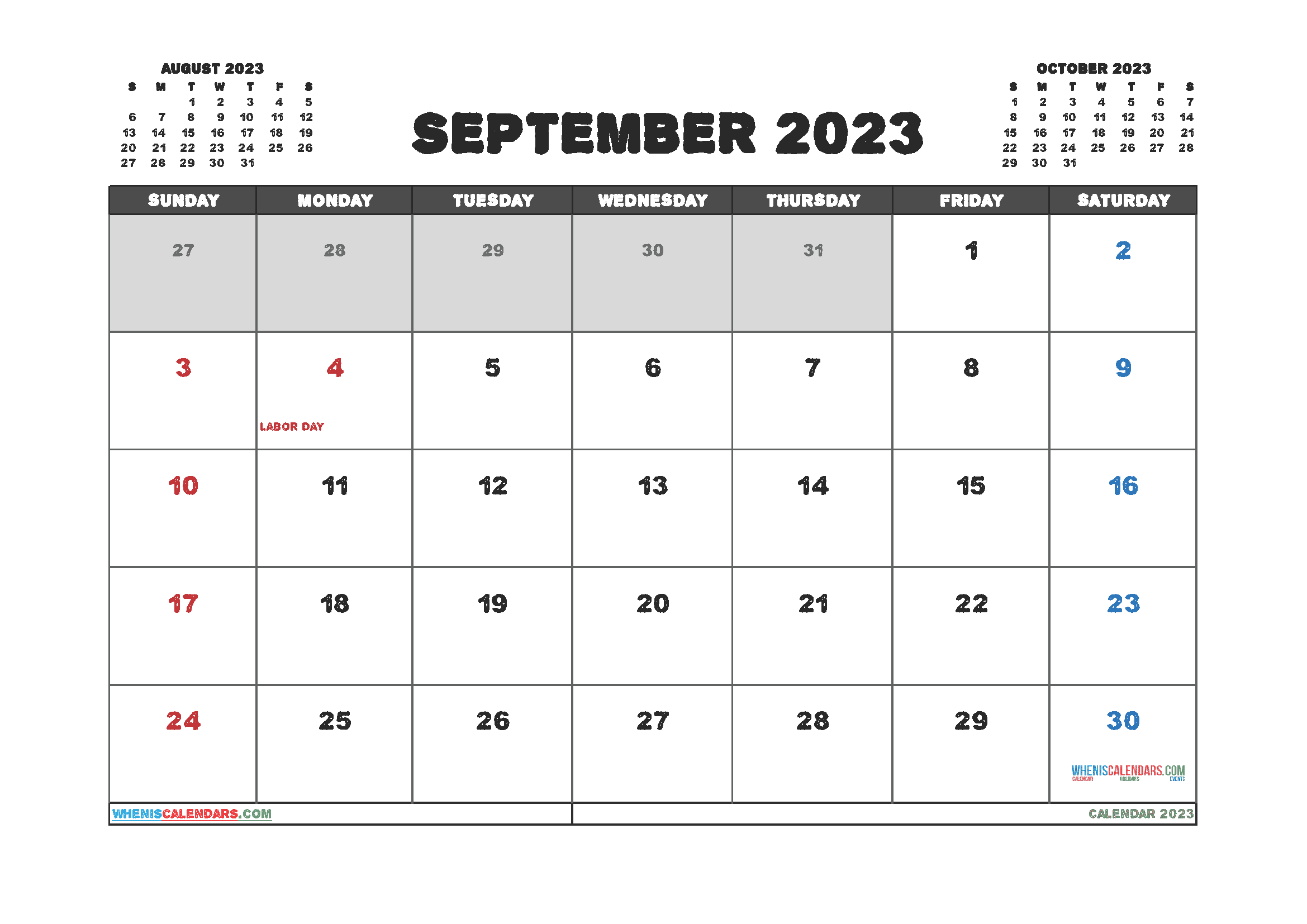 Free September 2023 Calendar with Holidays Printable PDF in Landscape