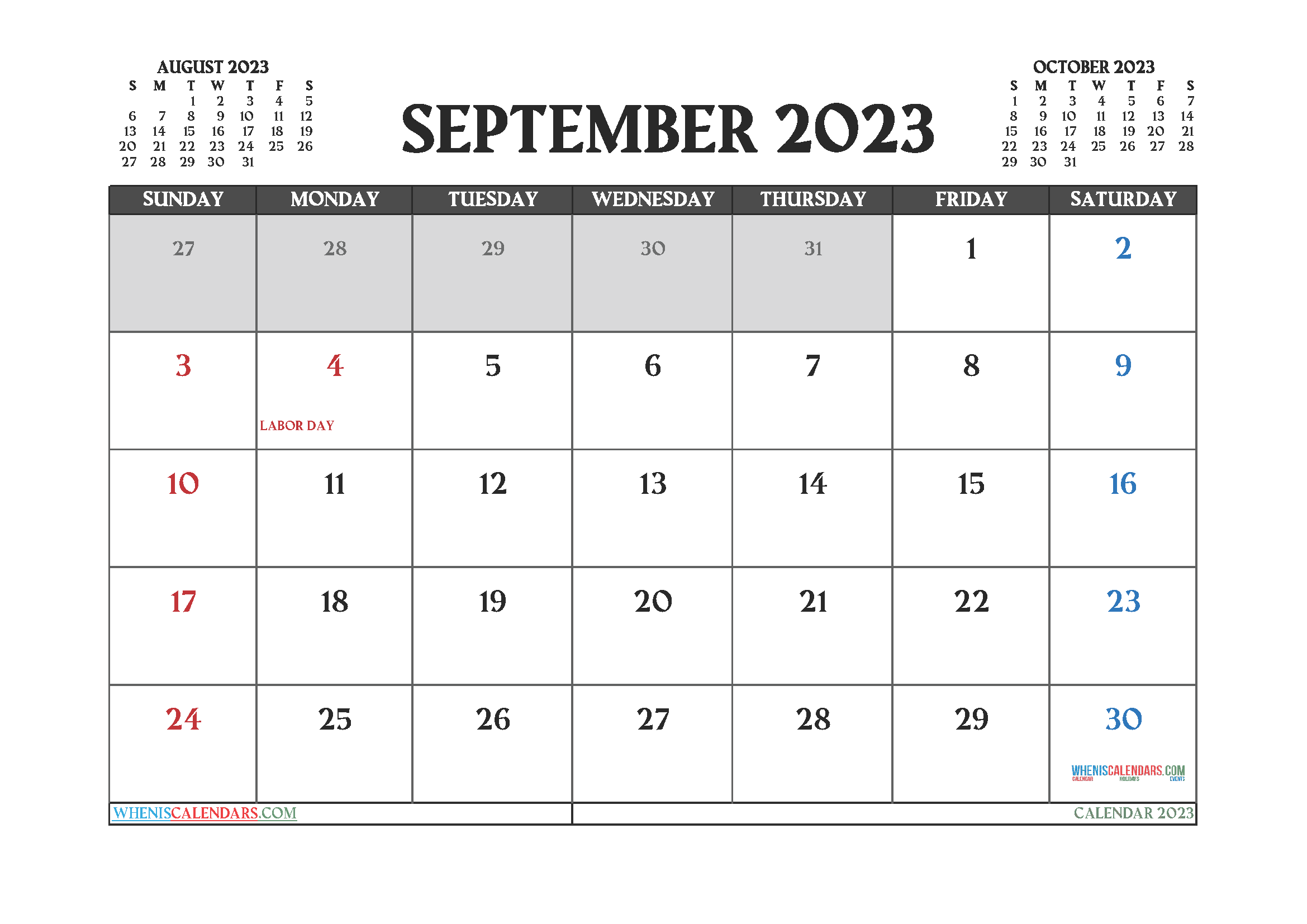 Free Calendar September 2023 with Holidays Printable PDF in Landscape
