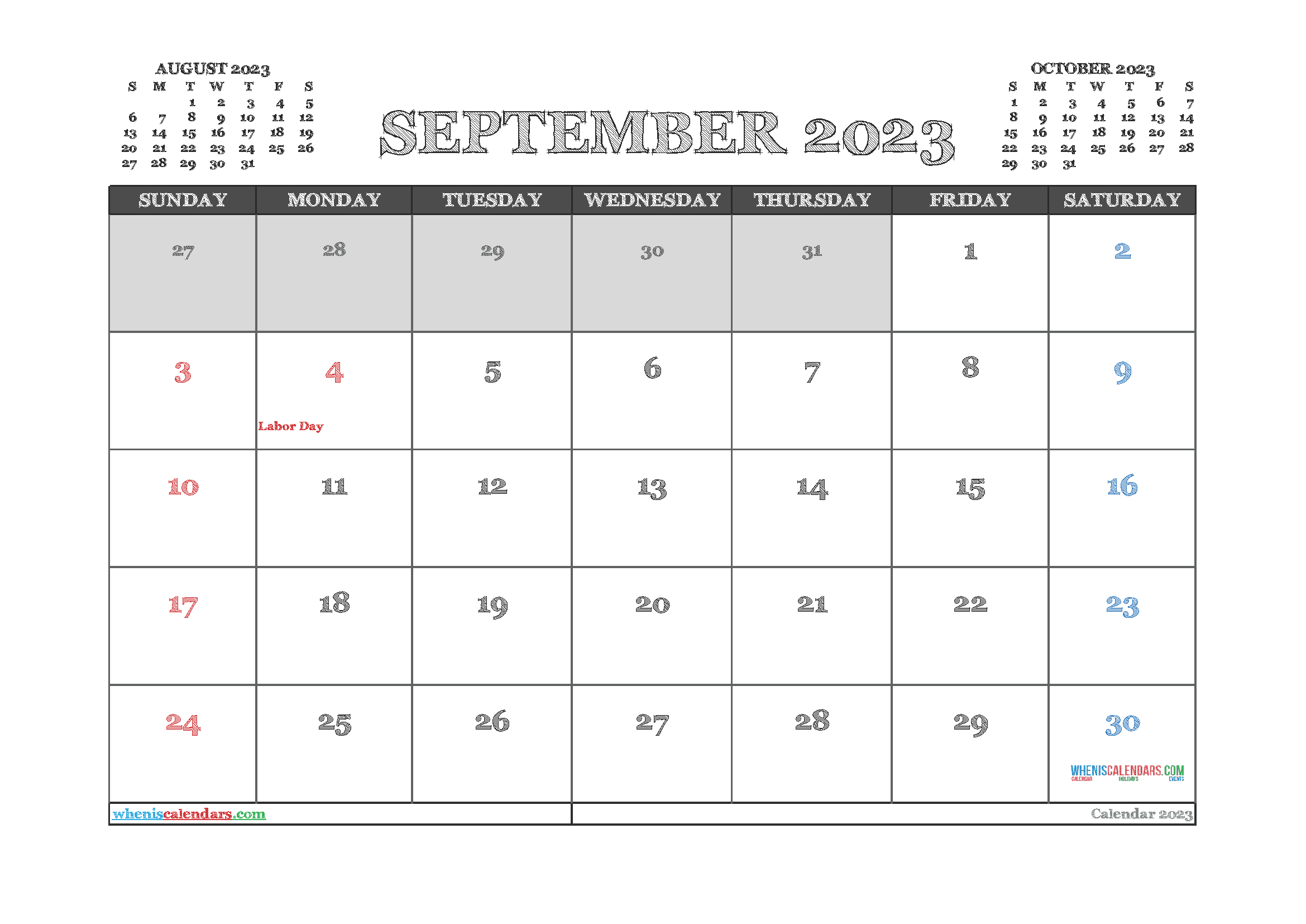 Downloadable September 2023 Calendar with Holidays Printable Free PDF in Landscape