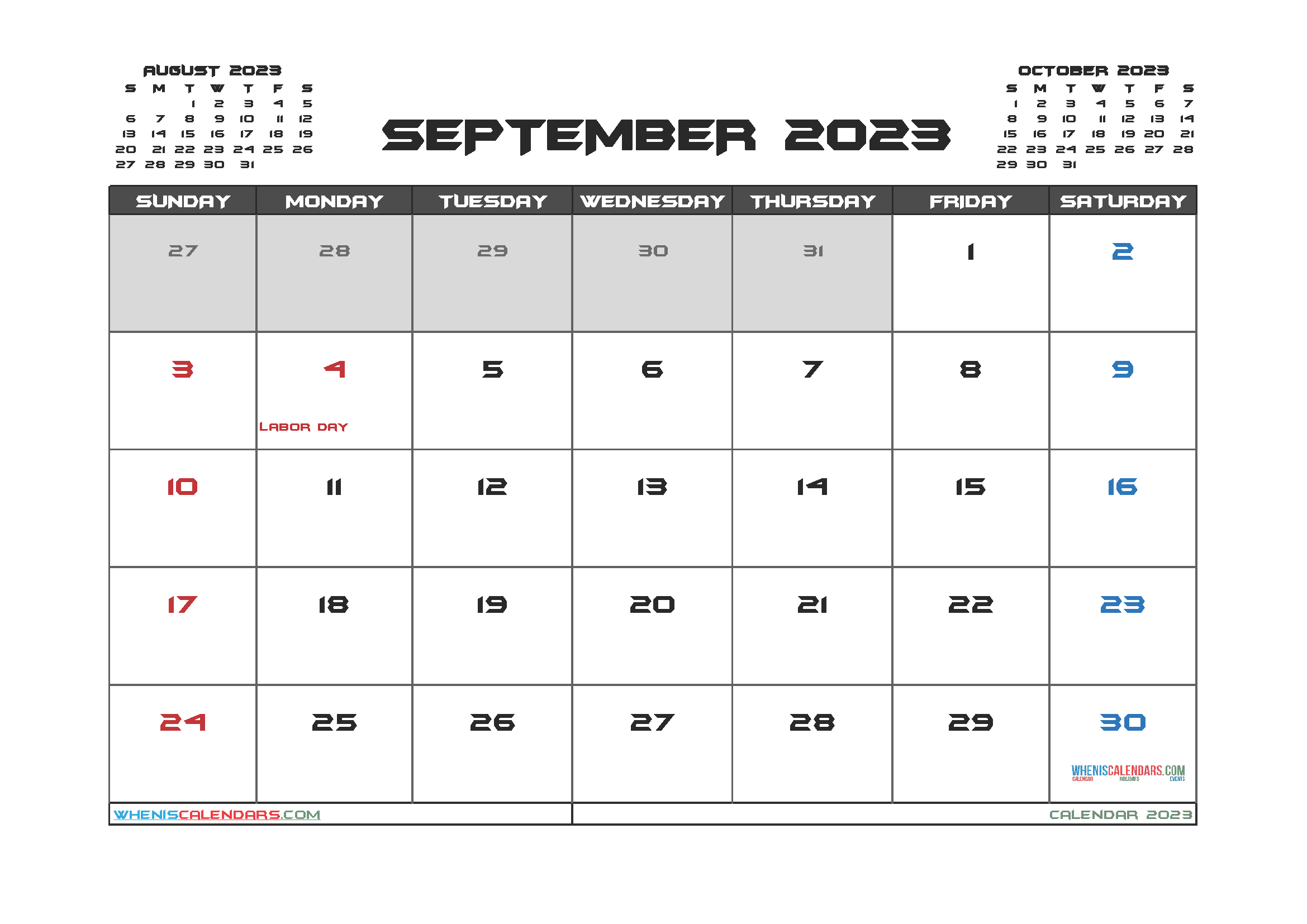 September 2023 Calendar with Holidays Free Printable PDF in Landscape