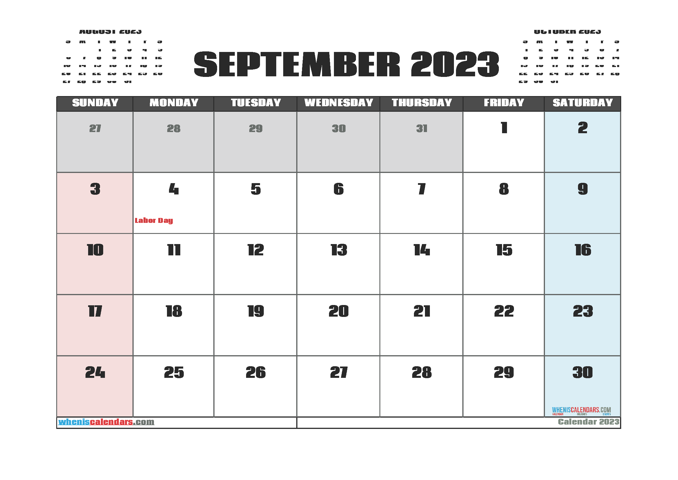 Free Printable September 2023 Calendar with Holidays PDF in Landscape