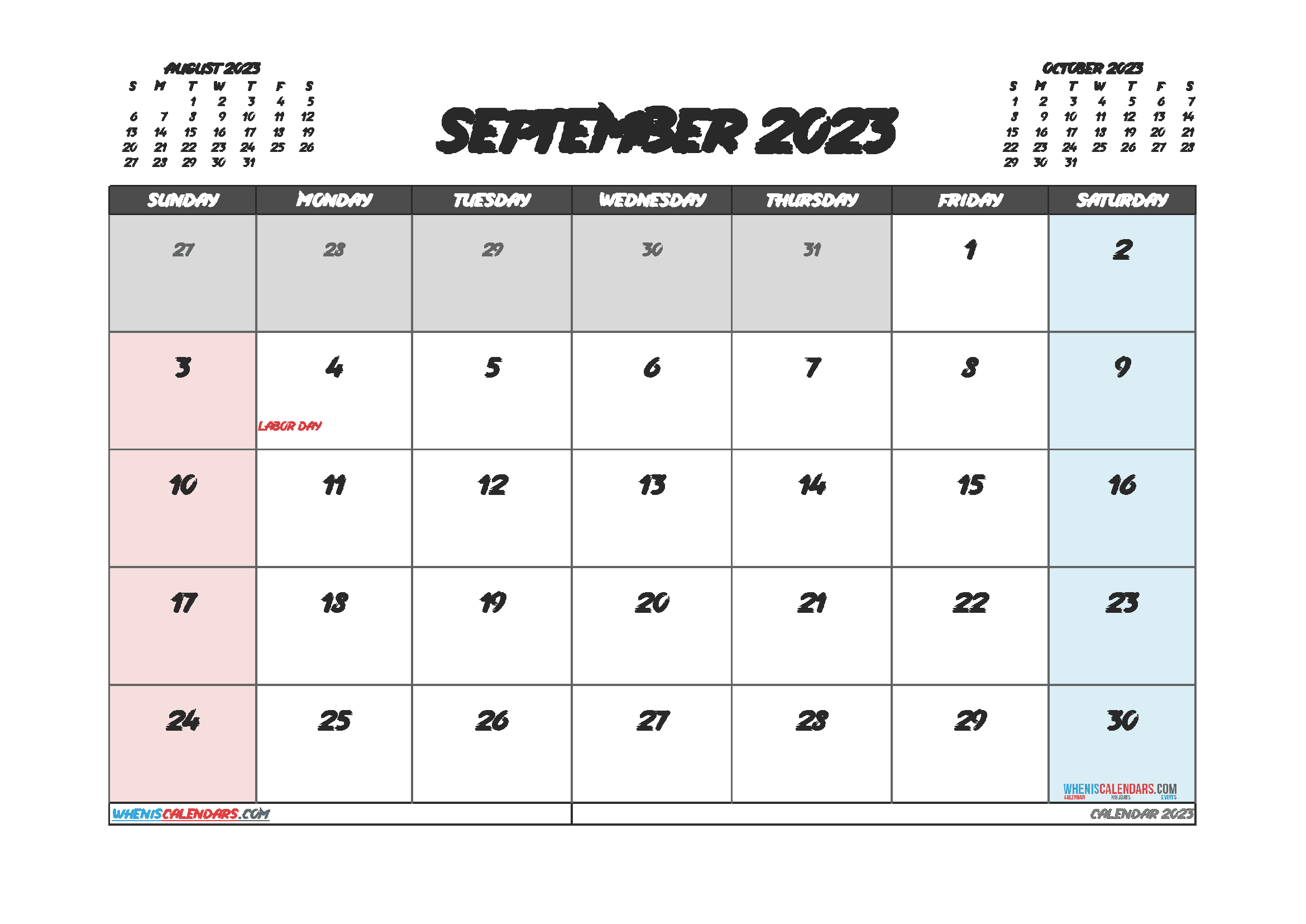 Downloadable September 2023 Calendar with Holidays Printable Free PDF in Landscape