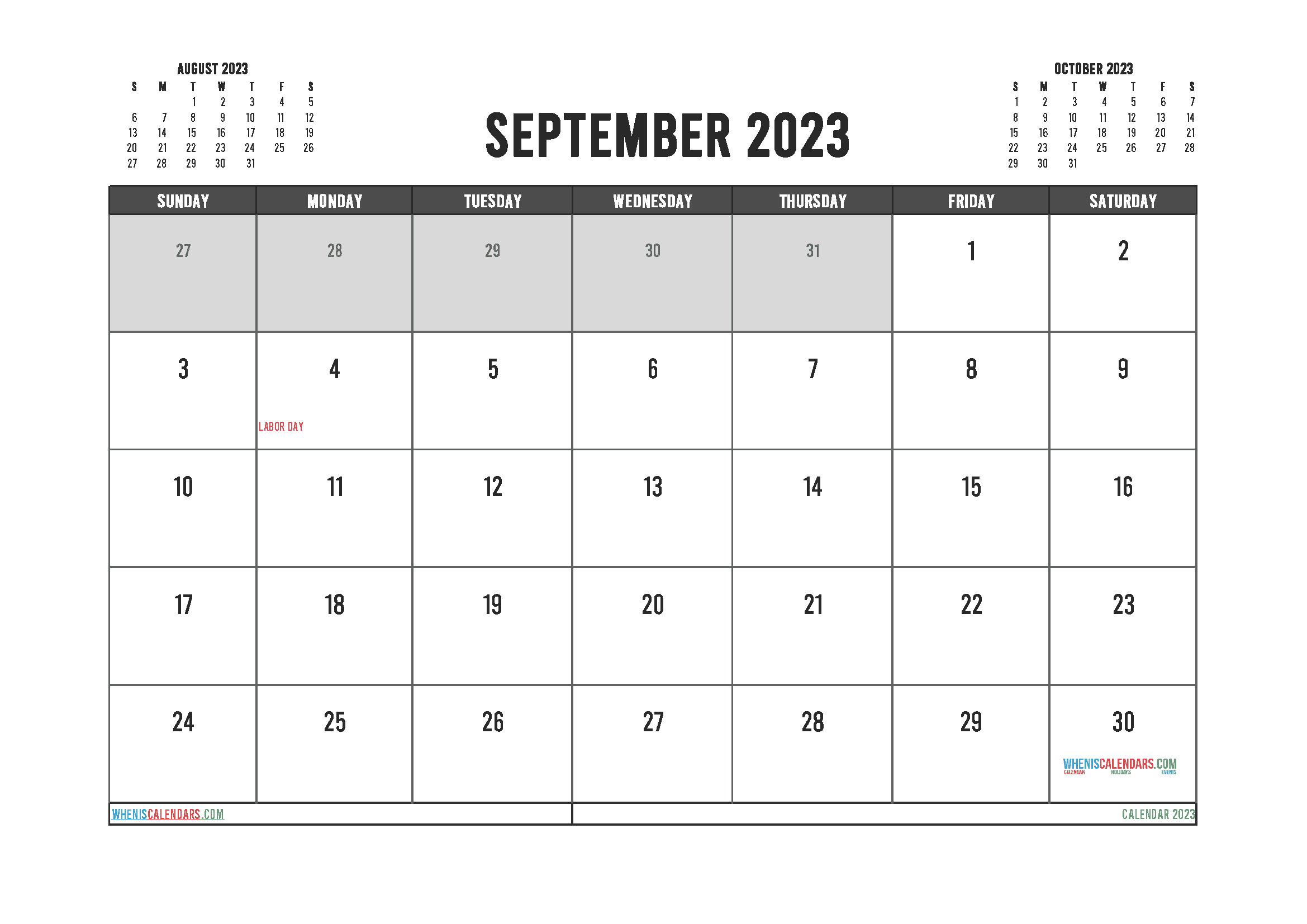 Free Calendar 2023 September with Holidays PDF in Landscape