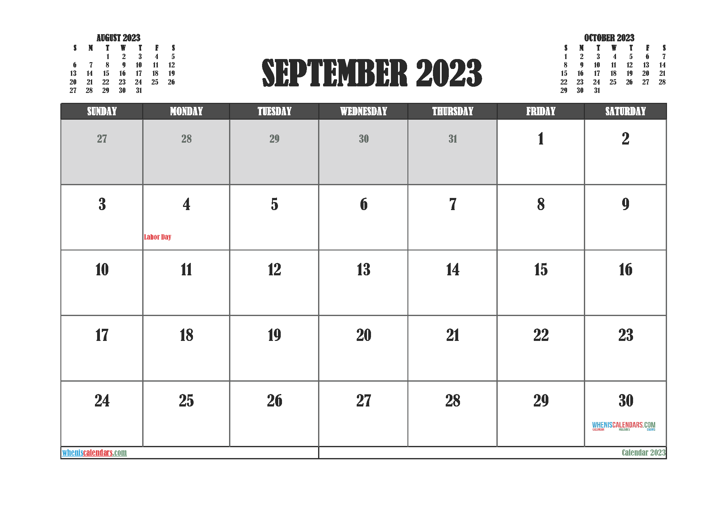 Free Printable Calendar September 2023 with Holidays PDF in Landscape