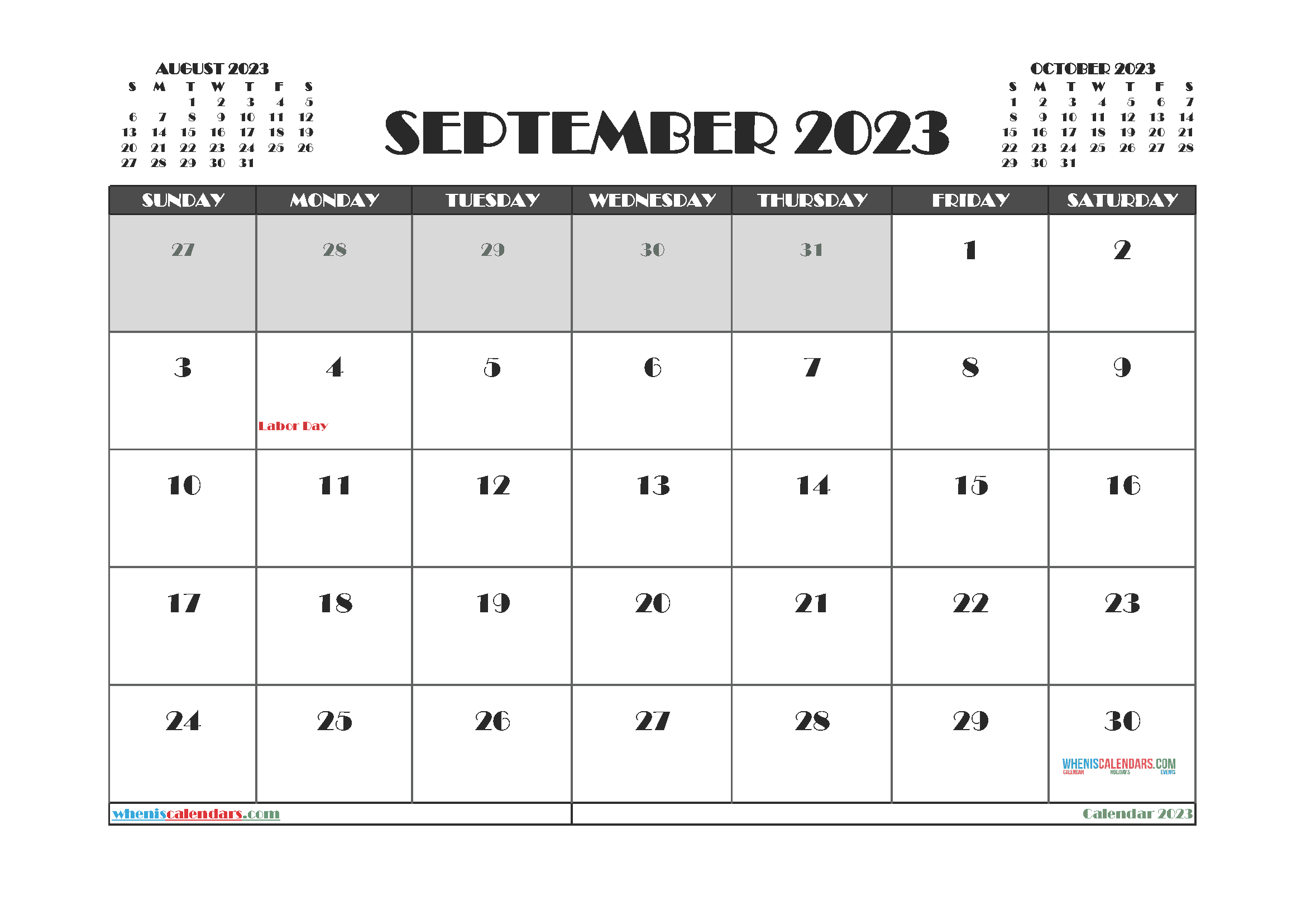 September 2023 Calendar with Holidays Free Printable PDF in Landscape