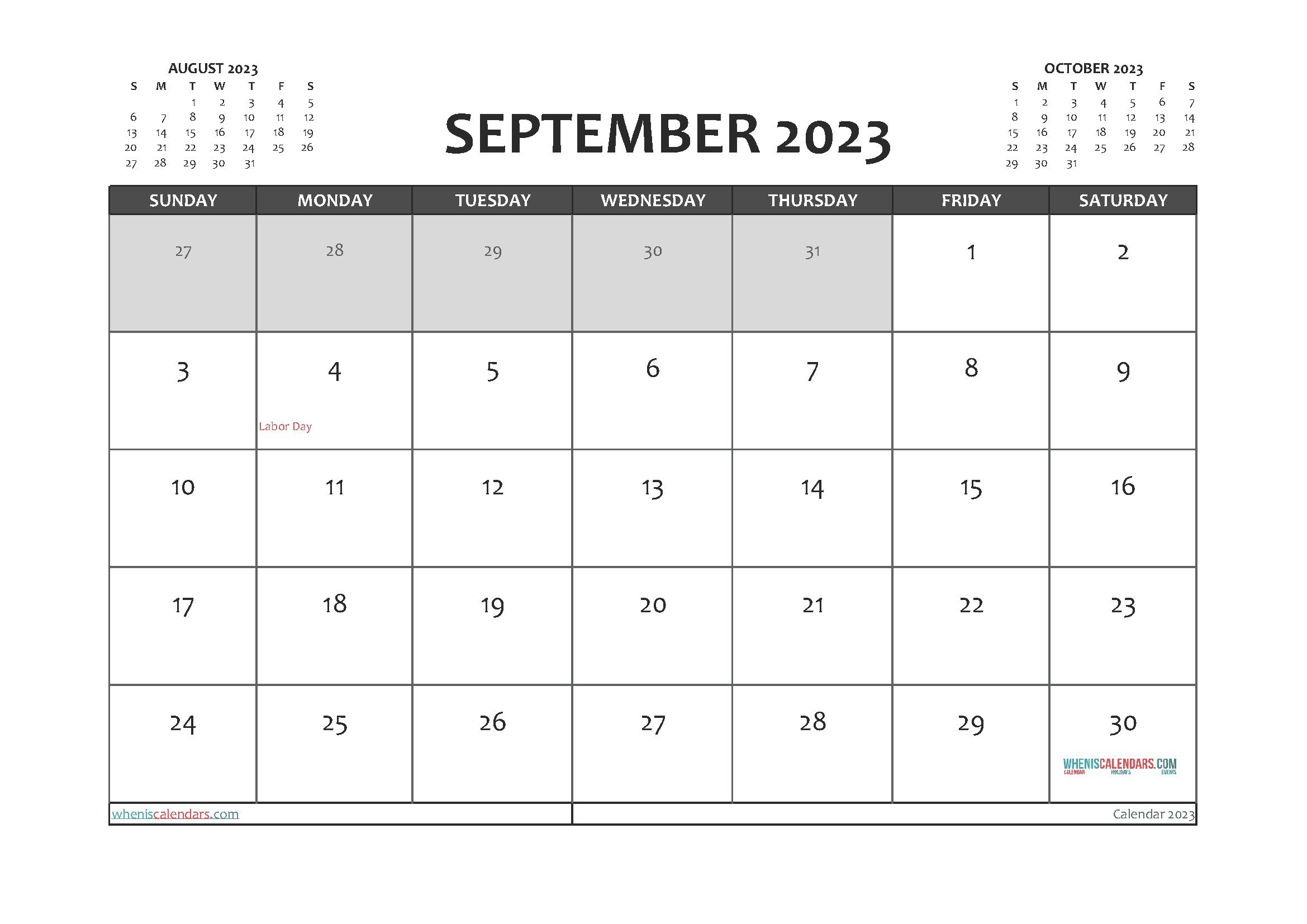 Free Calendar September 2023 with Holidays Printable PDF in Landscape