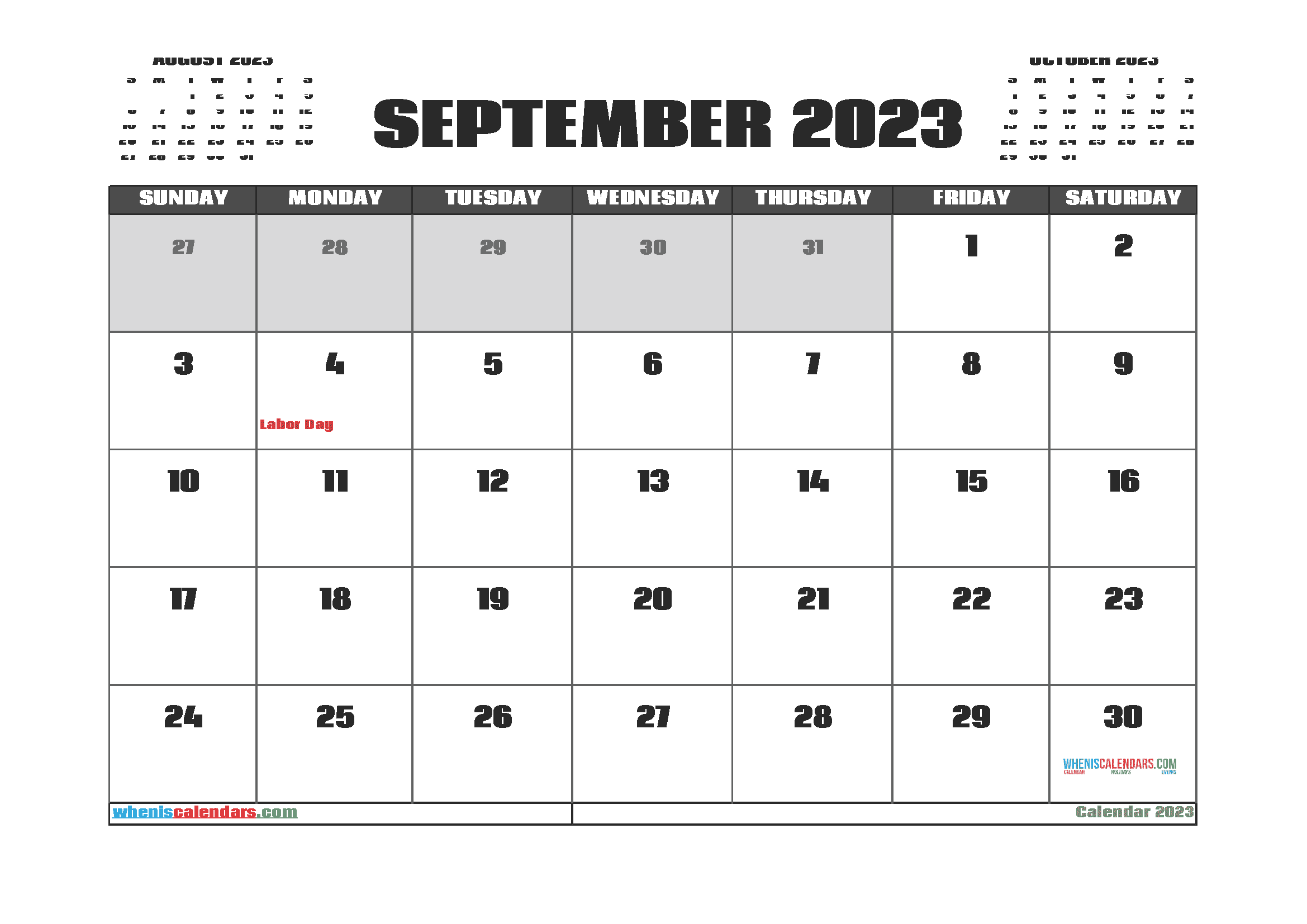 Printable September 2023 Calendar with Holidays Free PDF in Landscape