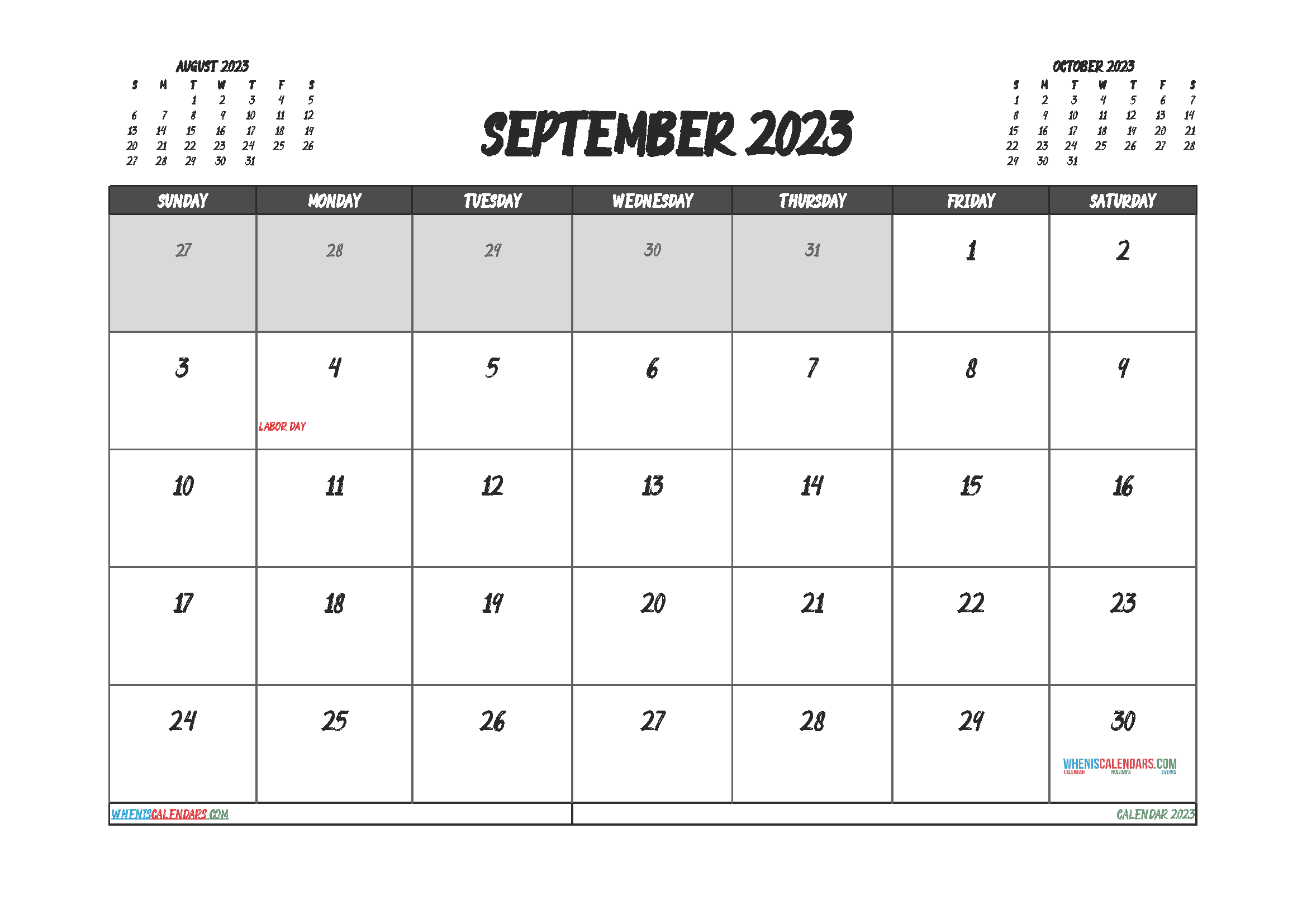 Free Printable Calendar 2023 September with Holidays PDF in Landscape