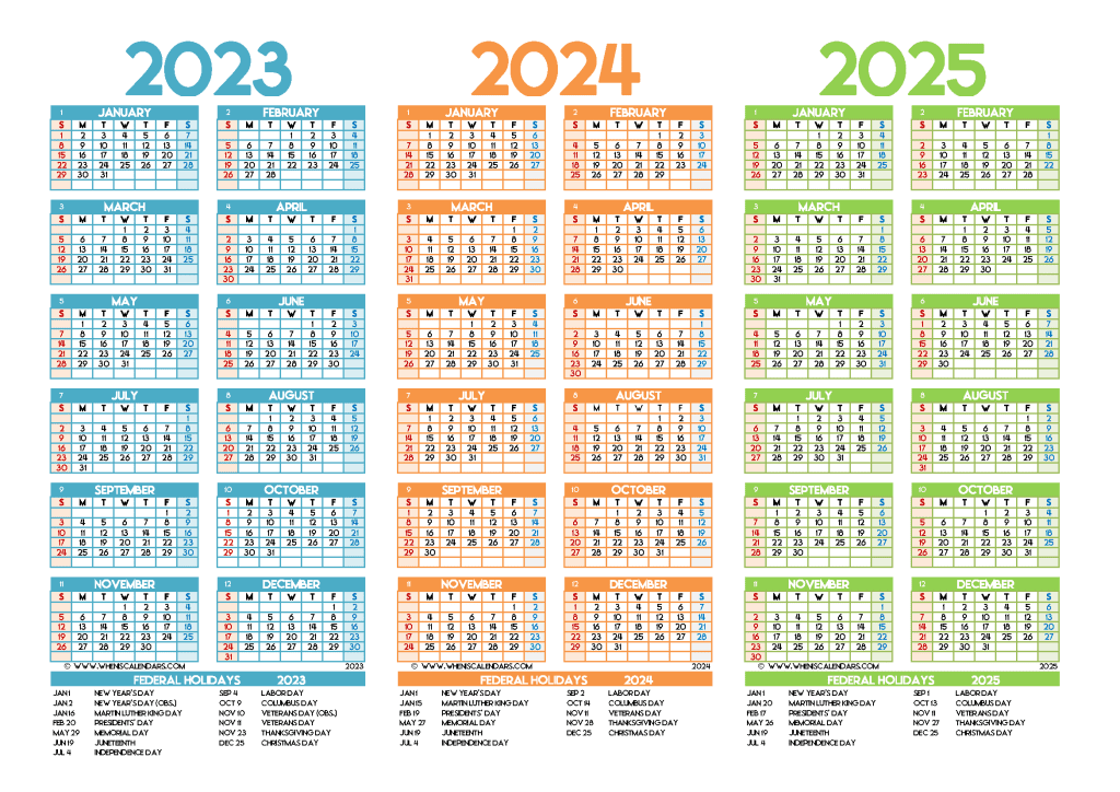 Free 2023 2024 2025 Calendar with Holidays Printable Three Years on a separate page in Landscape and Portrait