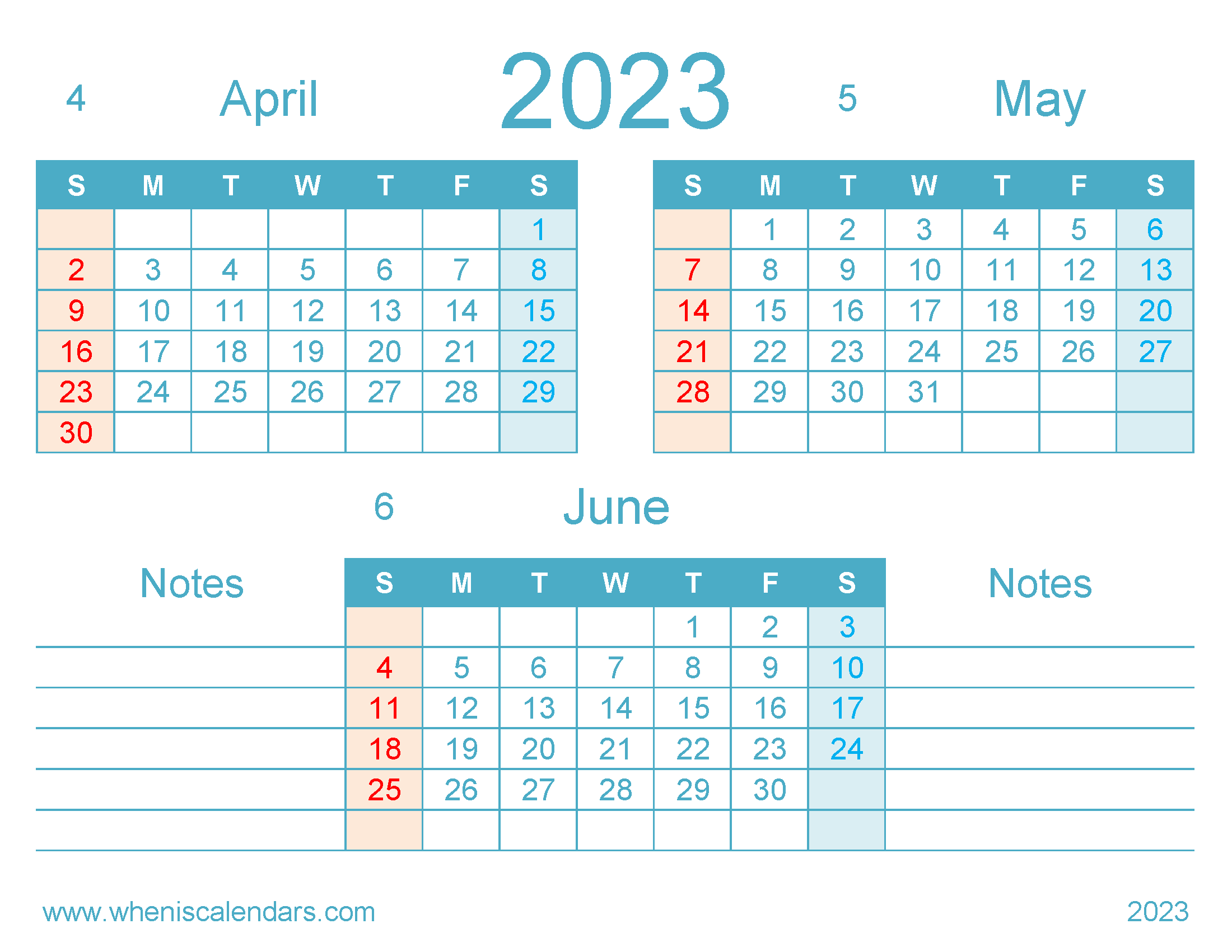 Free April May June 2023 Calendar