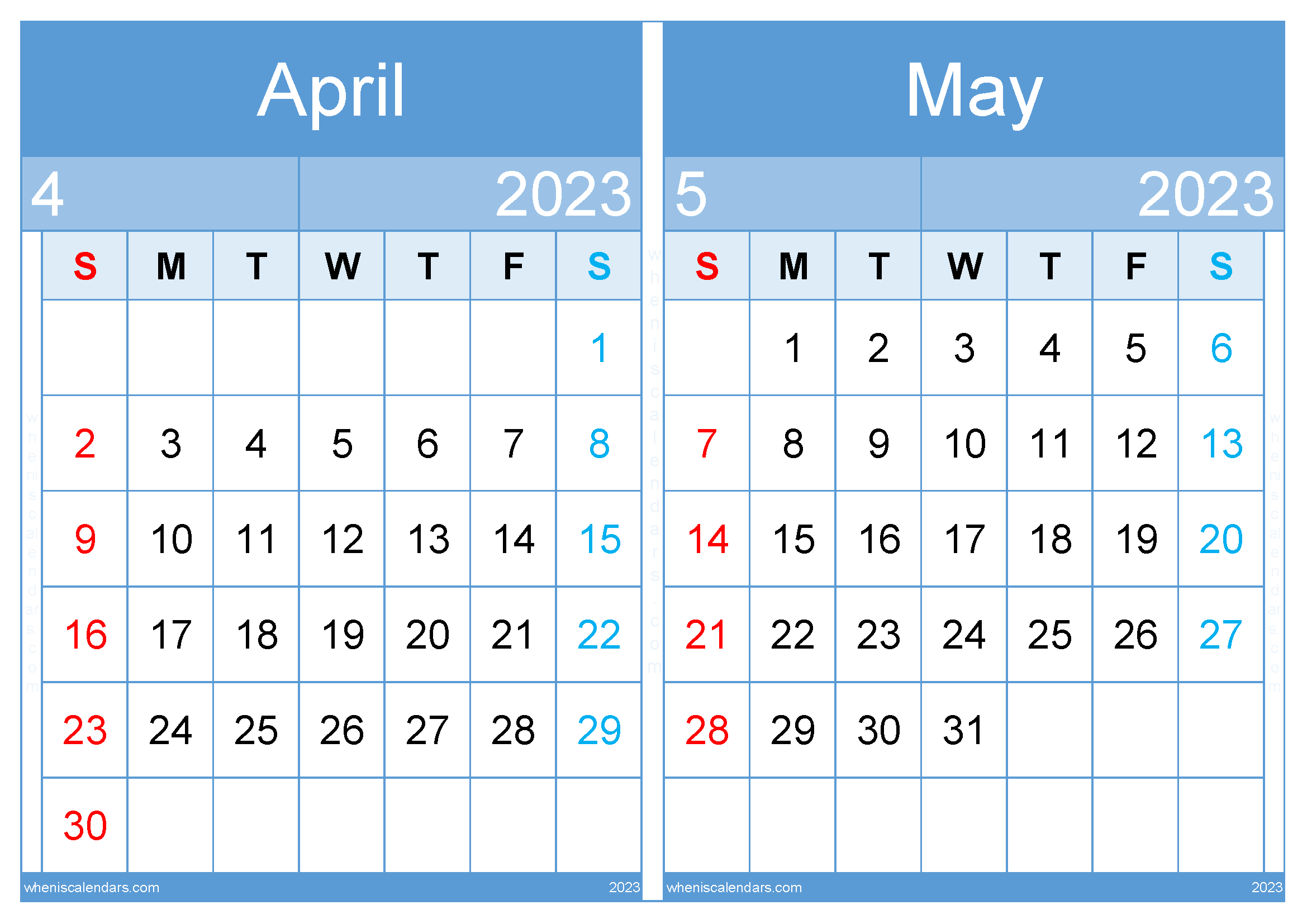Free Printable April May 2023 Calendar Template (AM2311)
