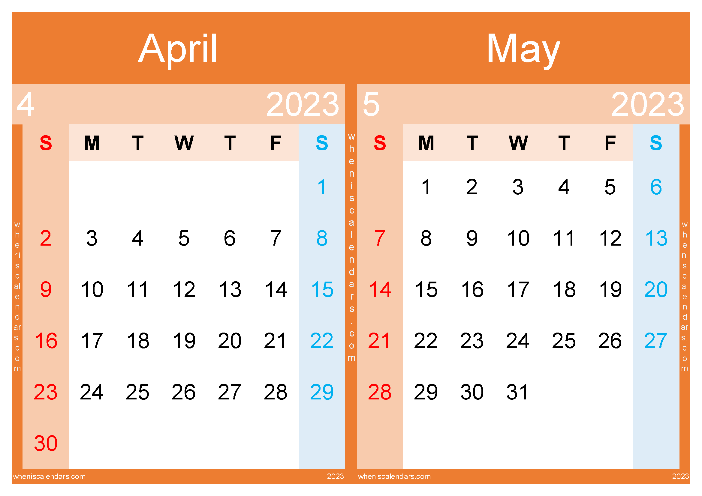 April May Calendar 2023 Free Printable (AM2316)