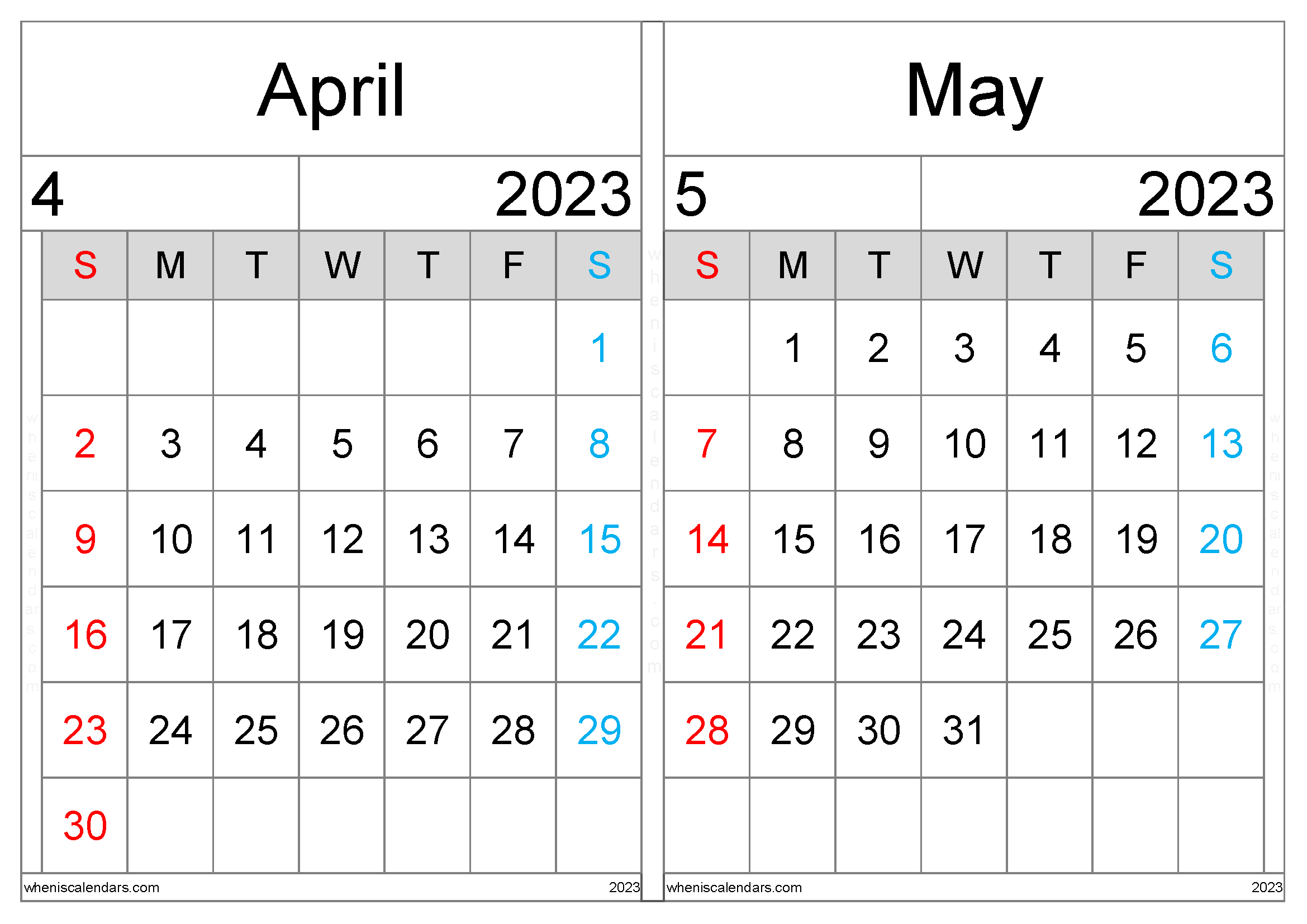 April May 2023 Calendar Printable PDF (AM2303)