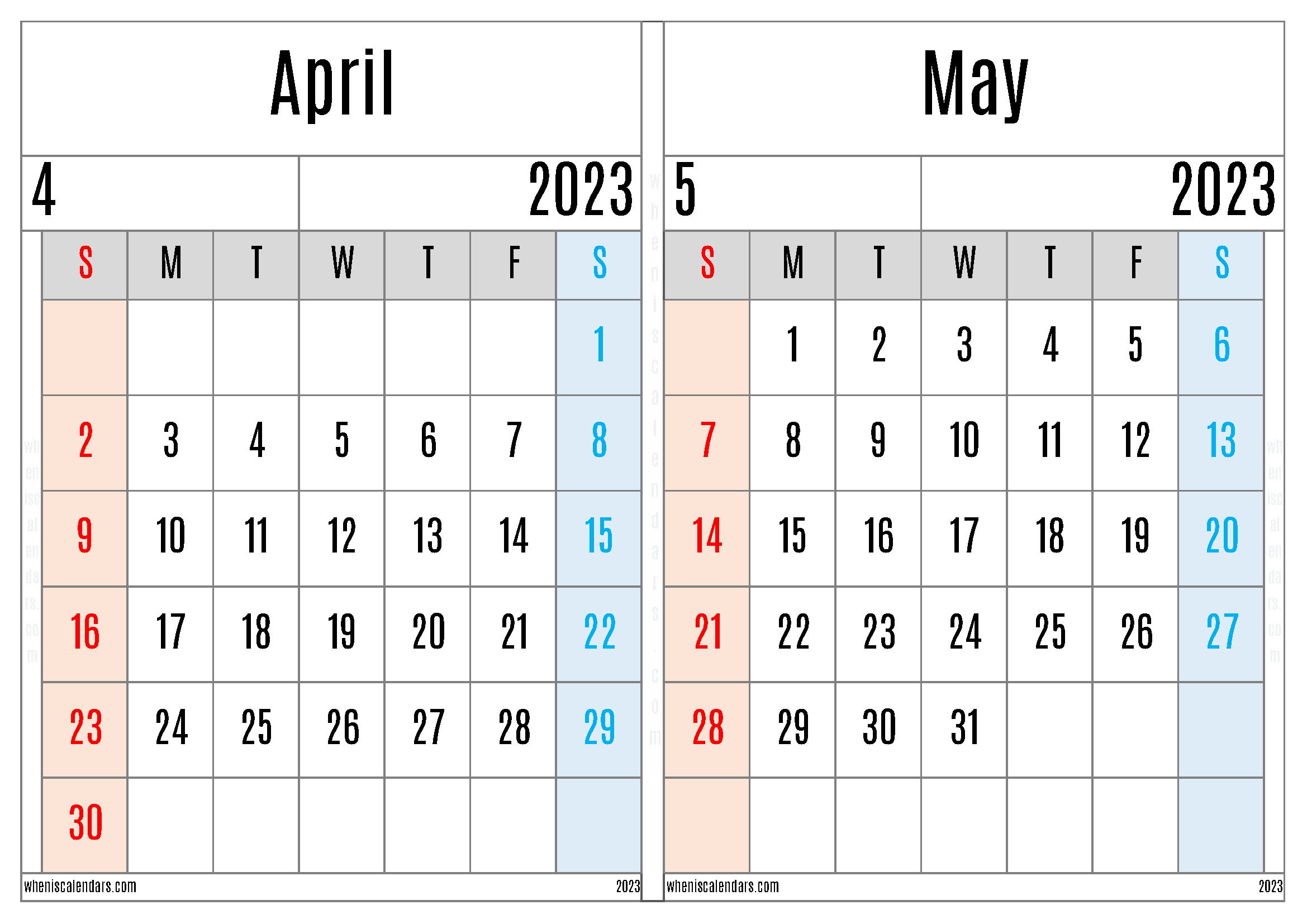 Free Printable April May 2023 Calendar Template (AM2305)