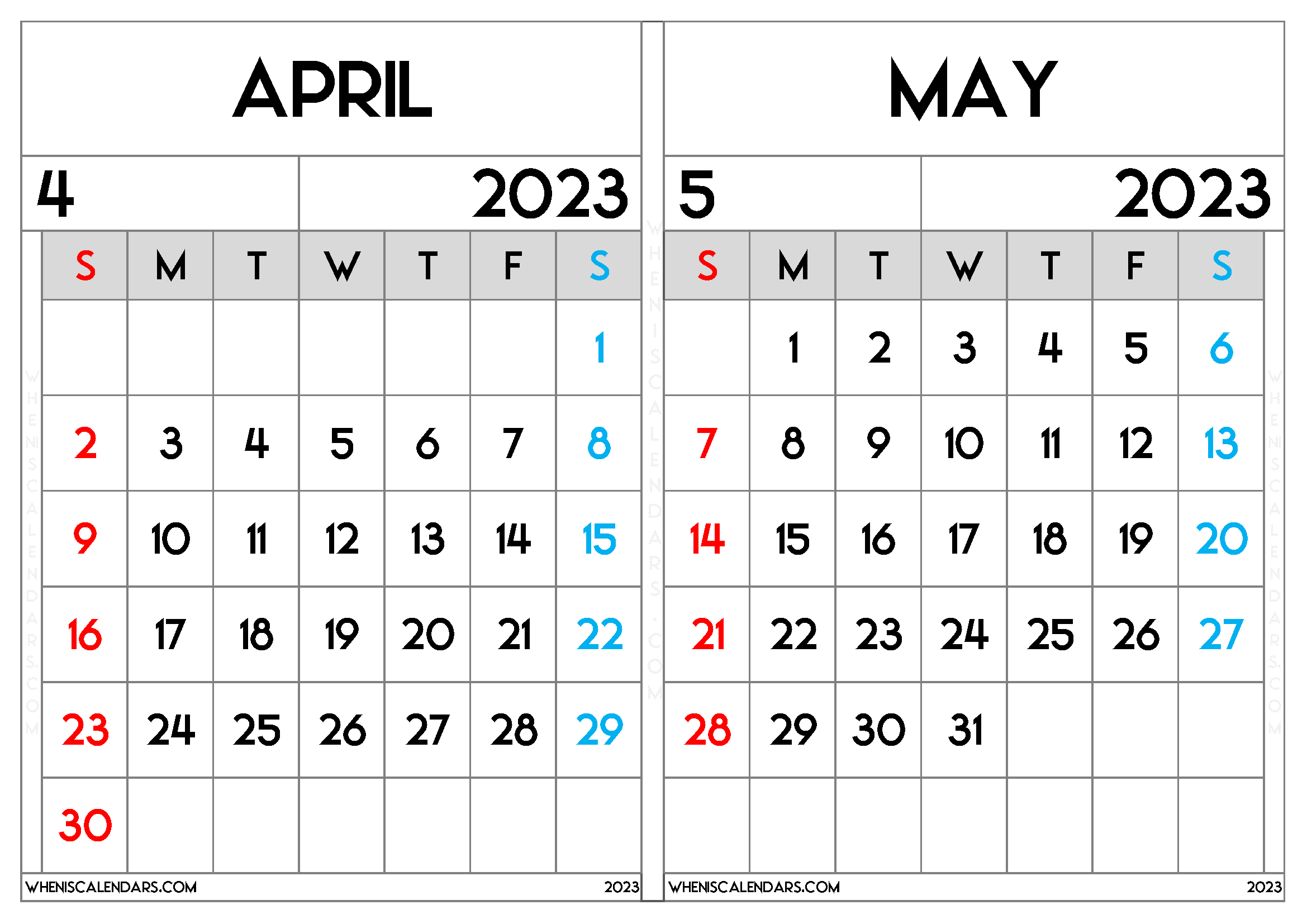 April May Calendar 2023 Free Printable (AM2310)