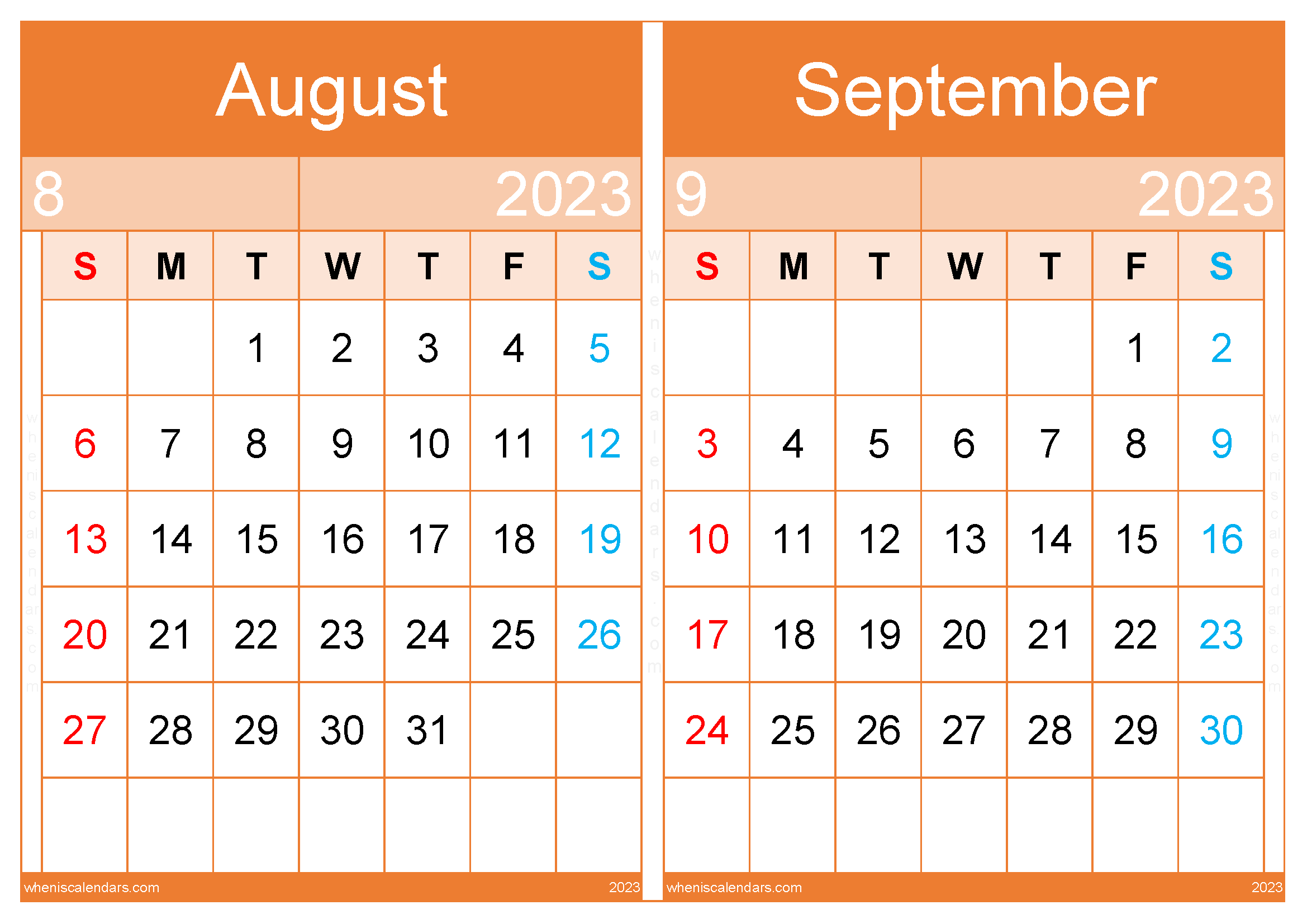 Calendar August and September 2023 Template (AS2312)