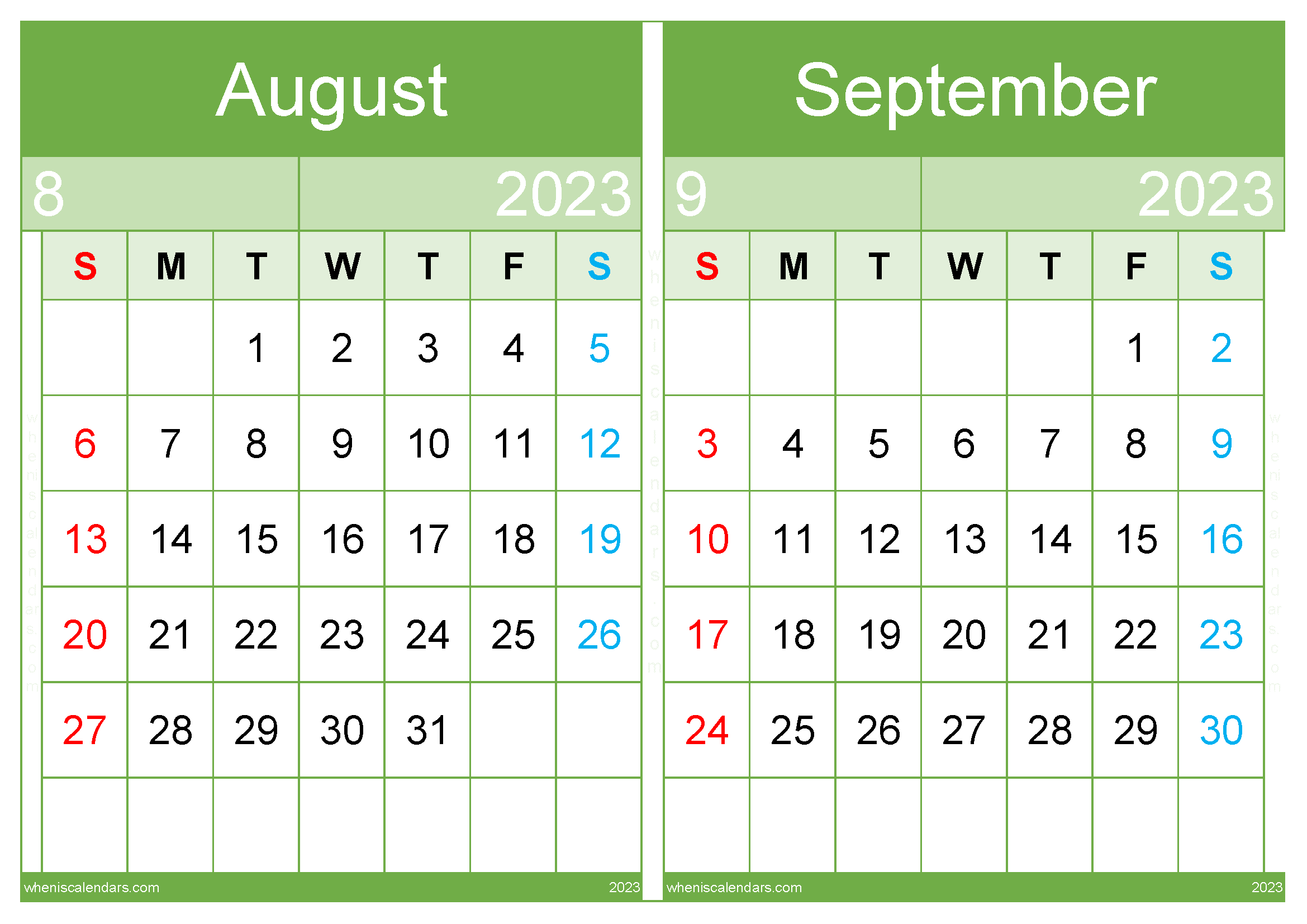 Free Printable August September 2023 Calendar Template (AS2317)