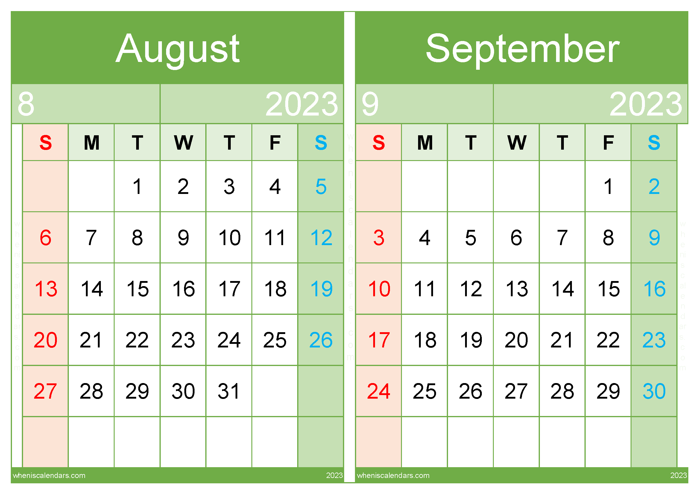 Calendar August and September 2023 Template (AS2318)