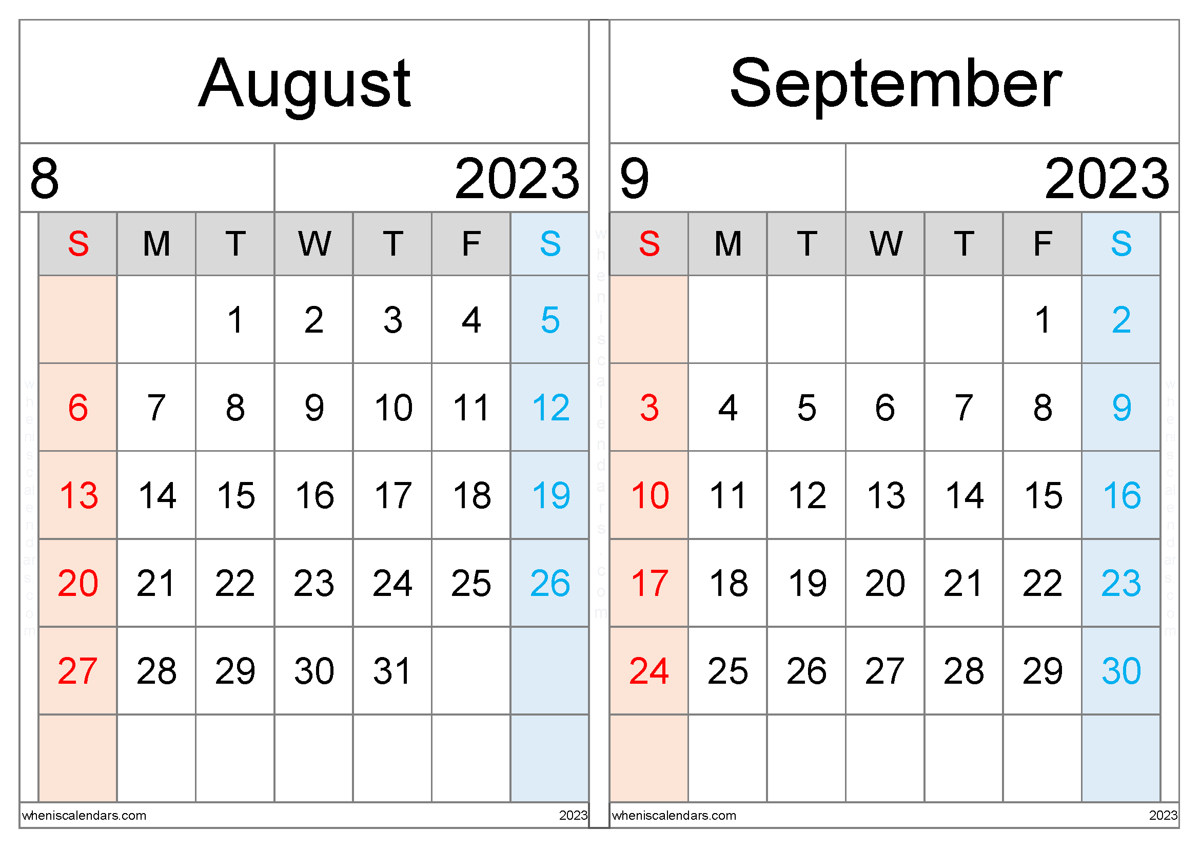 August and September 2023 Calendar Template (AS2307)