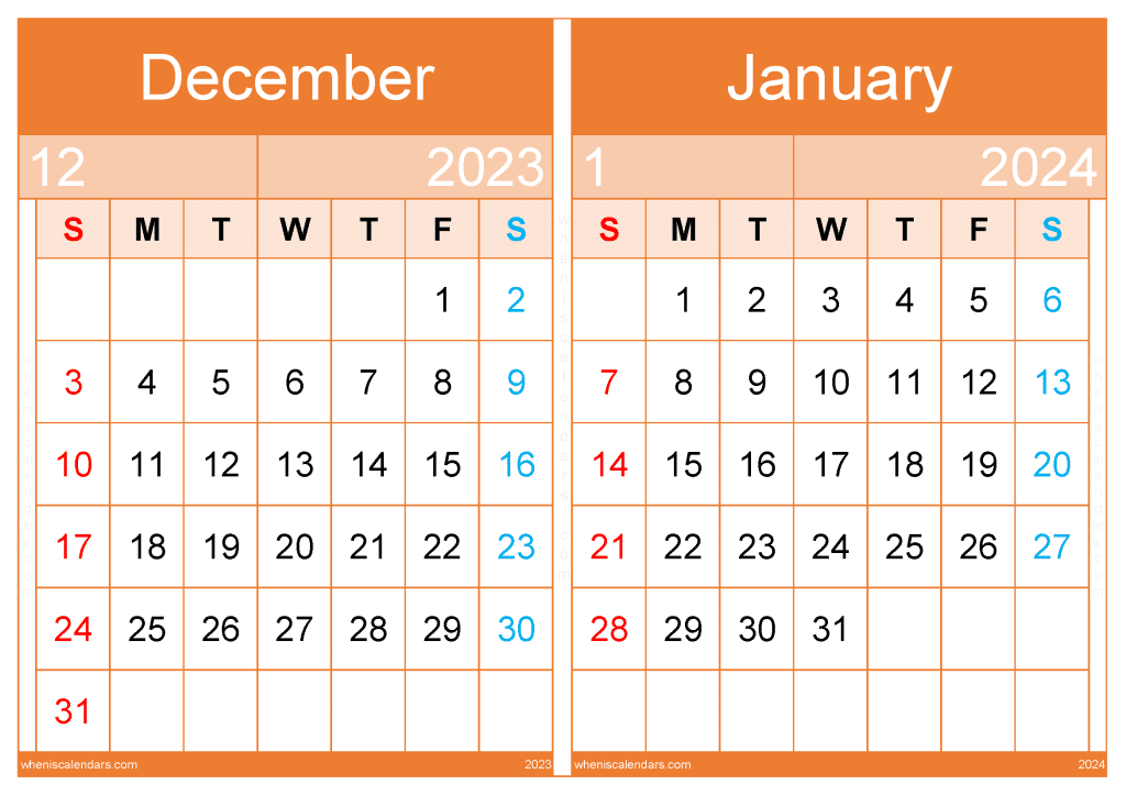 Calendar December 2023 and January 2024 Template (DJ2312)