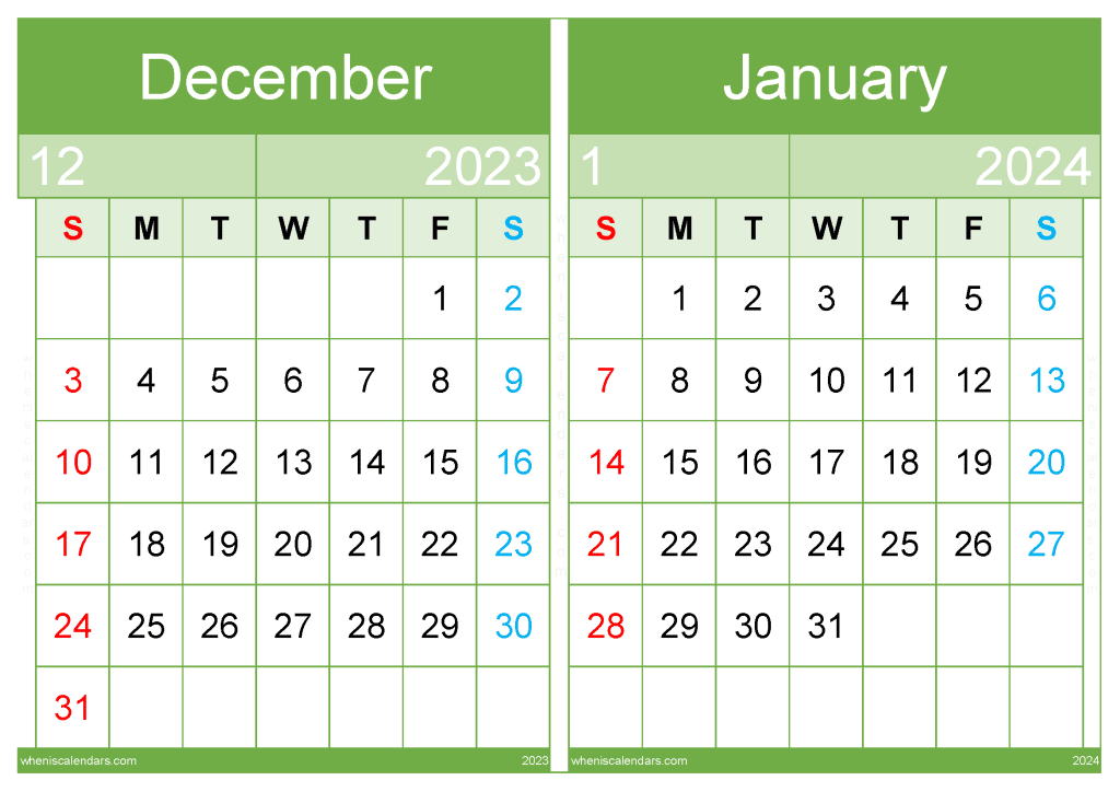 Free Printable December 2023 January 2024 Calendar Template (DJ2317)