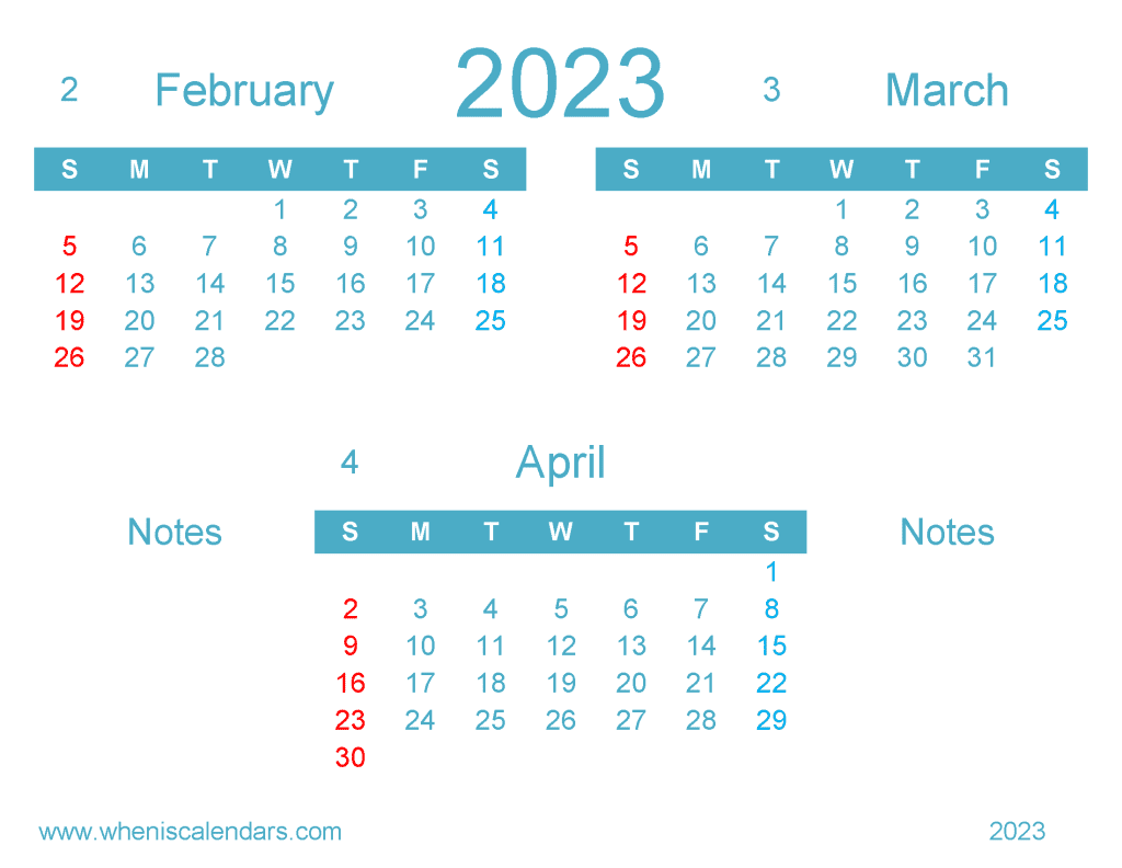 Download Free February March April 2023 Calendar Printable in Landscape
