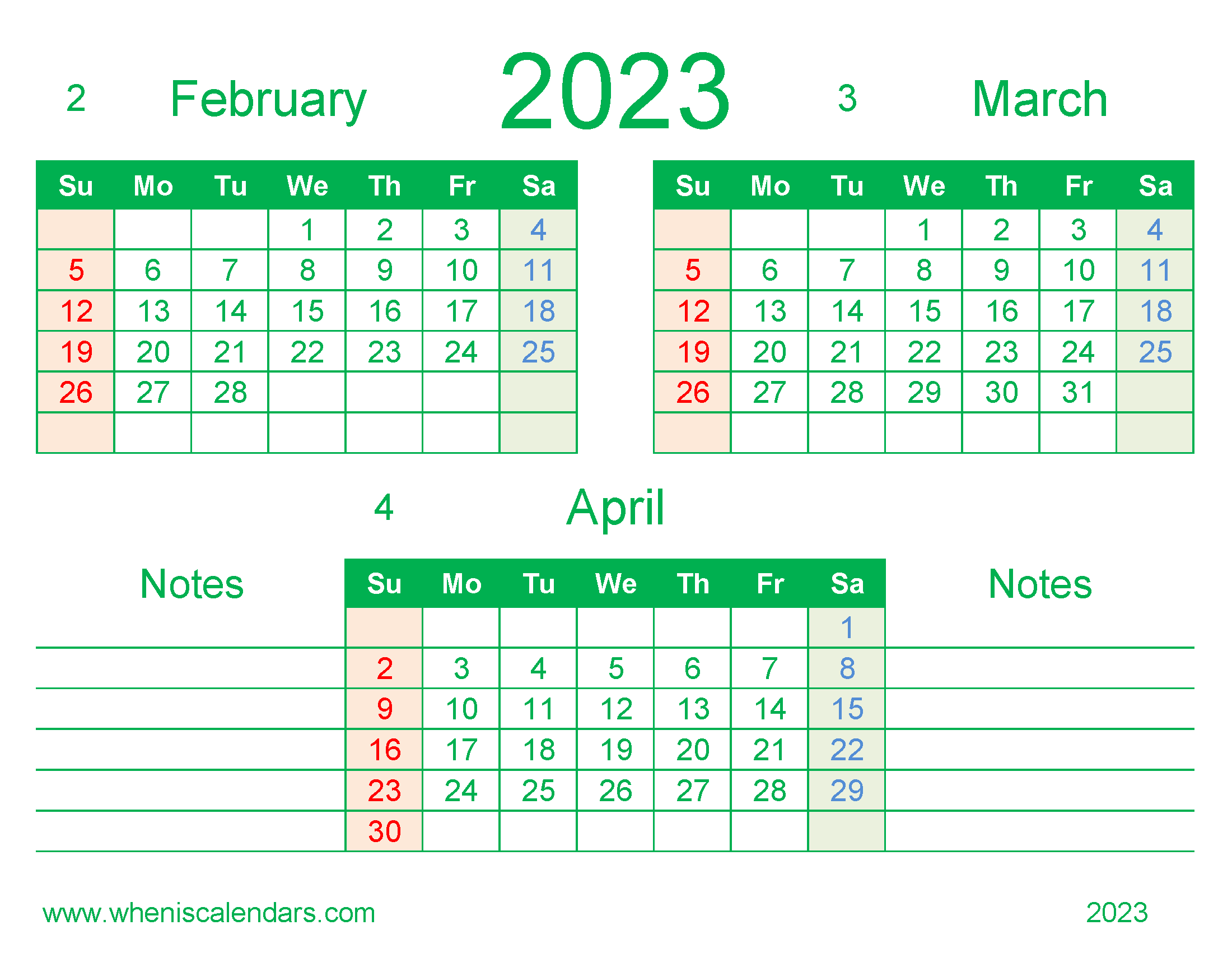 February March April 2023 Calendar Quarterly