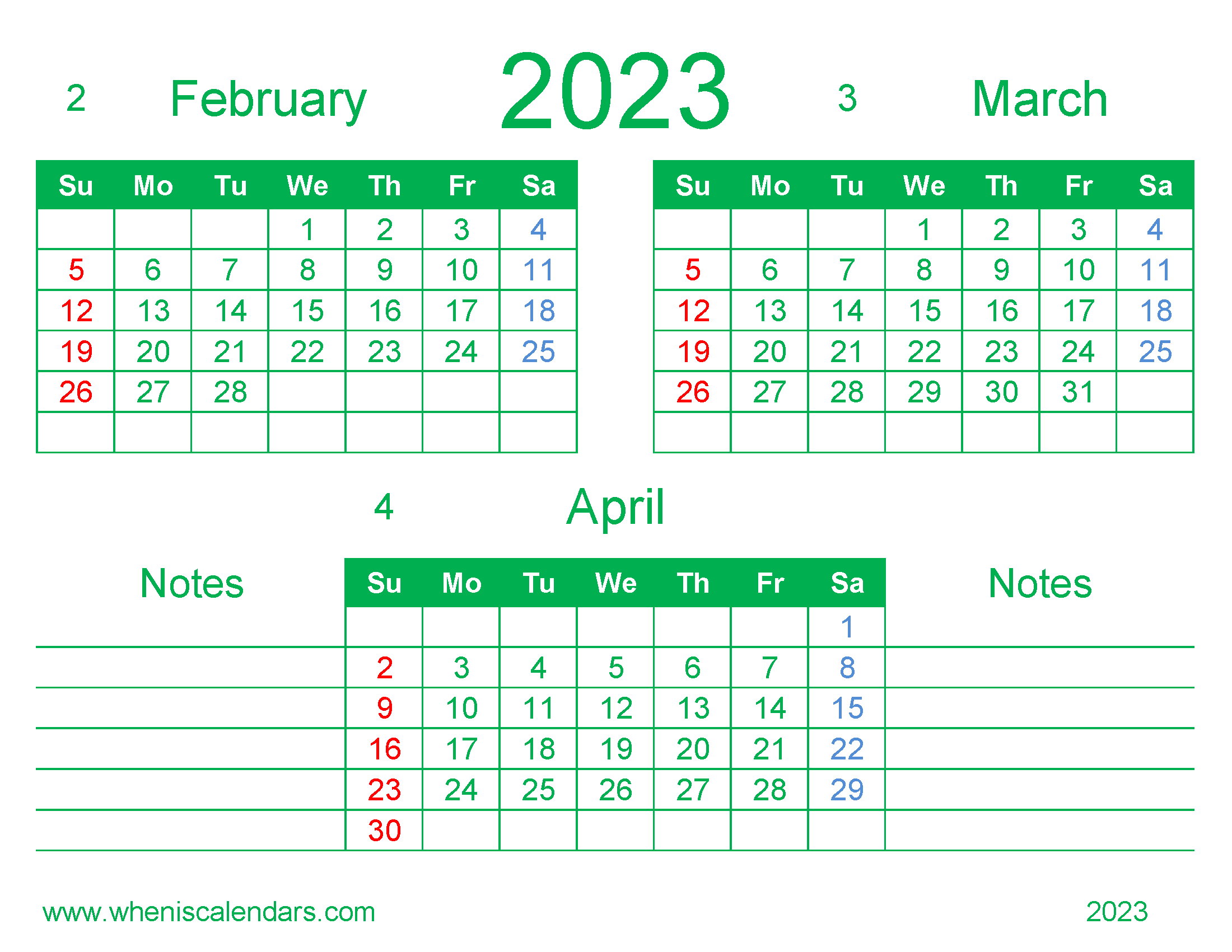 February March April 2023 Calendar Printable Free