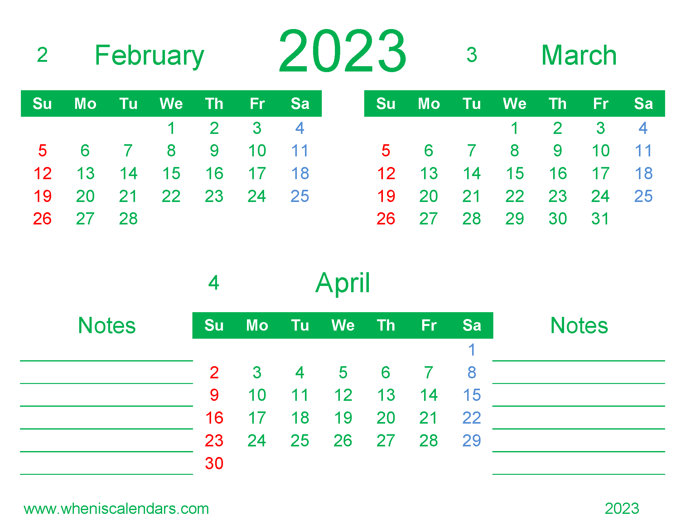 Free February March April 2023 Calendar Printable