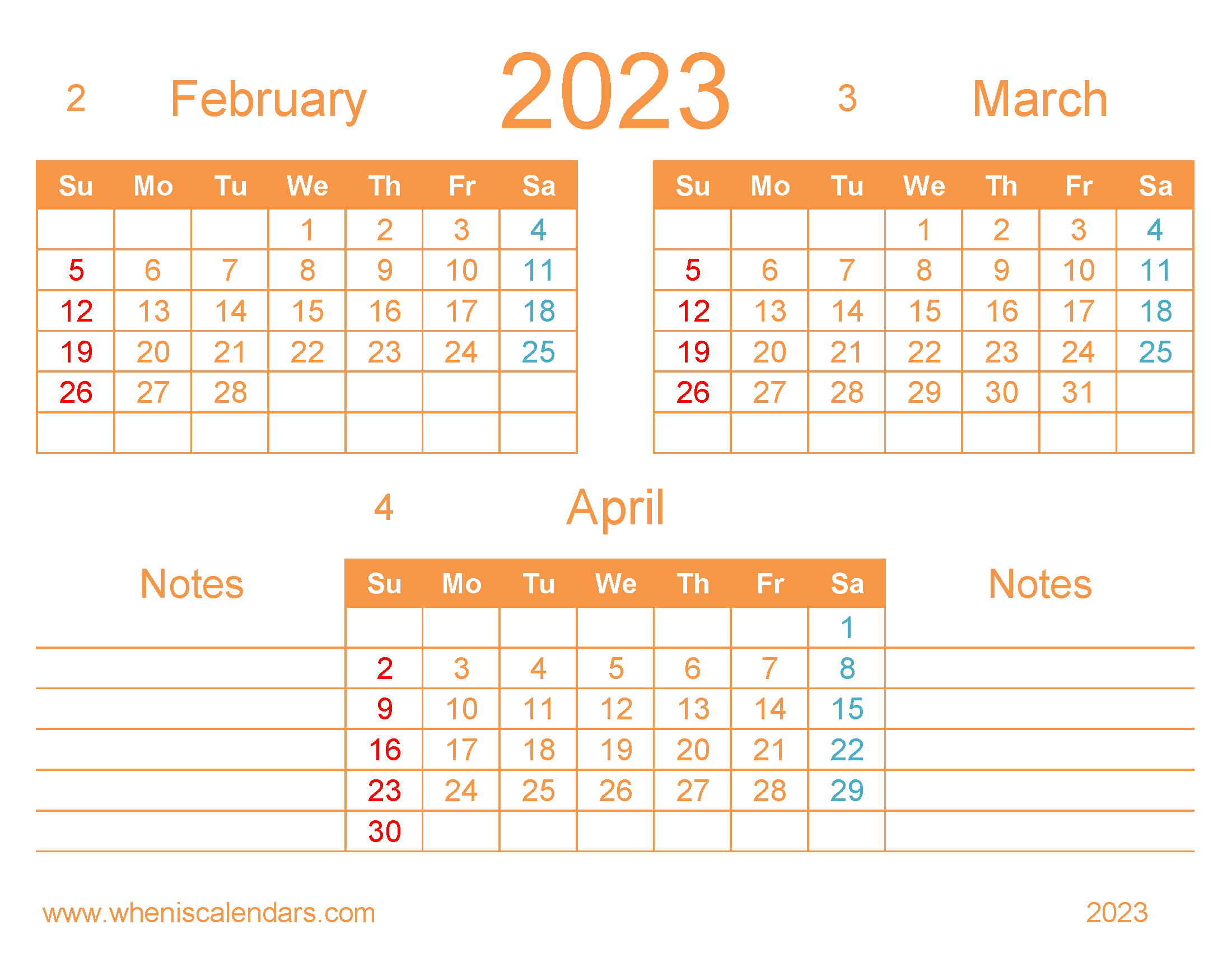 Free Calendar February March April 2023