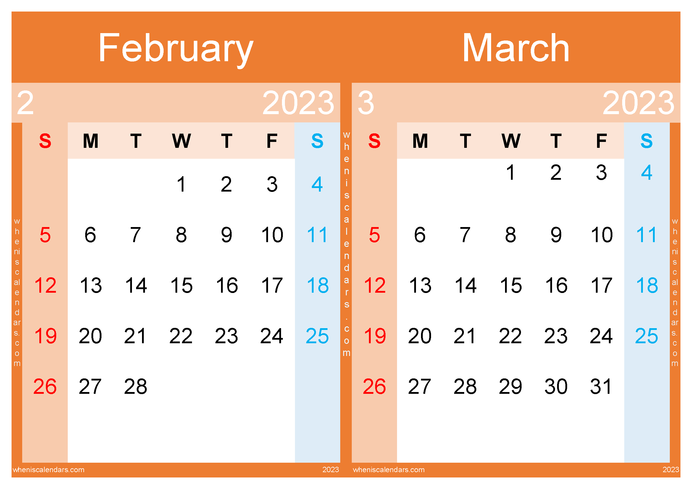 February March Calendar 2023 Free Printable (FM2316)