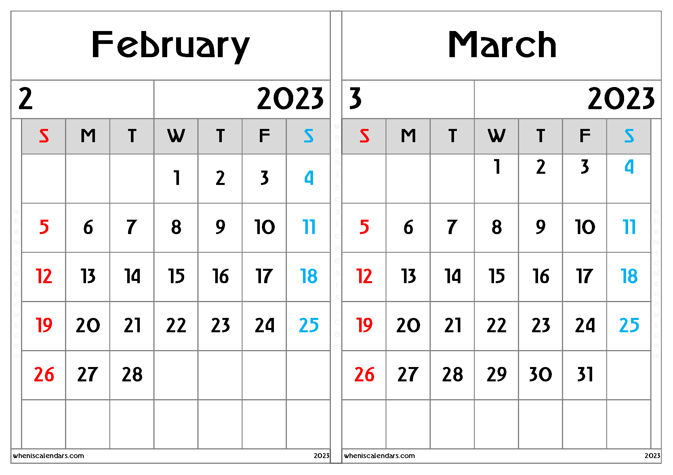 February March Calendar 2023 Free Printable (FM2304)