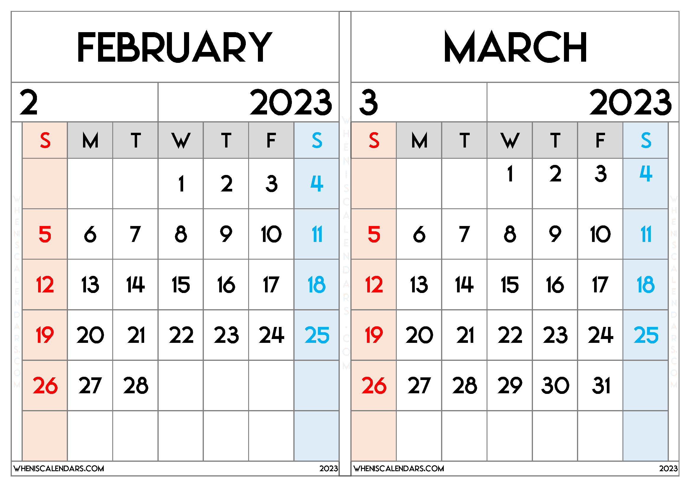 February March 2023 Calendar Printable PDF (FM2309)