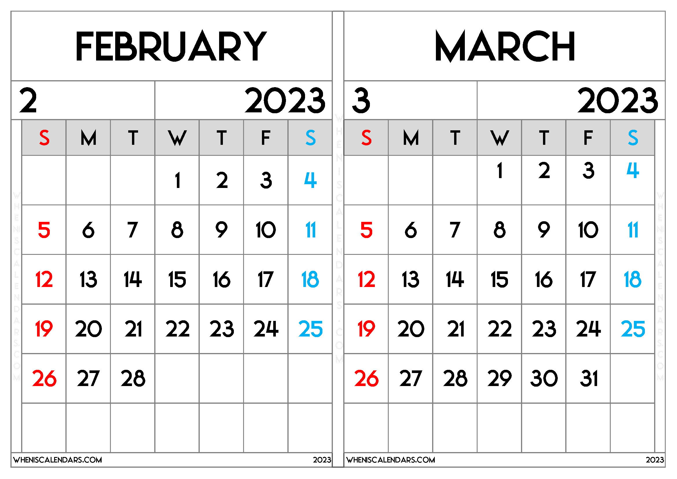 February March Calendar 2023 Free Printable (FM2310)