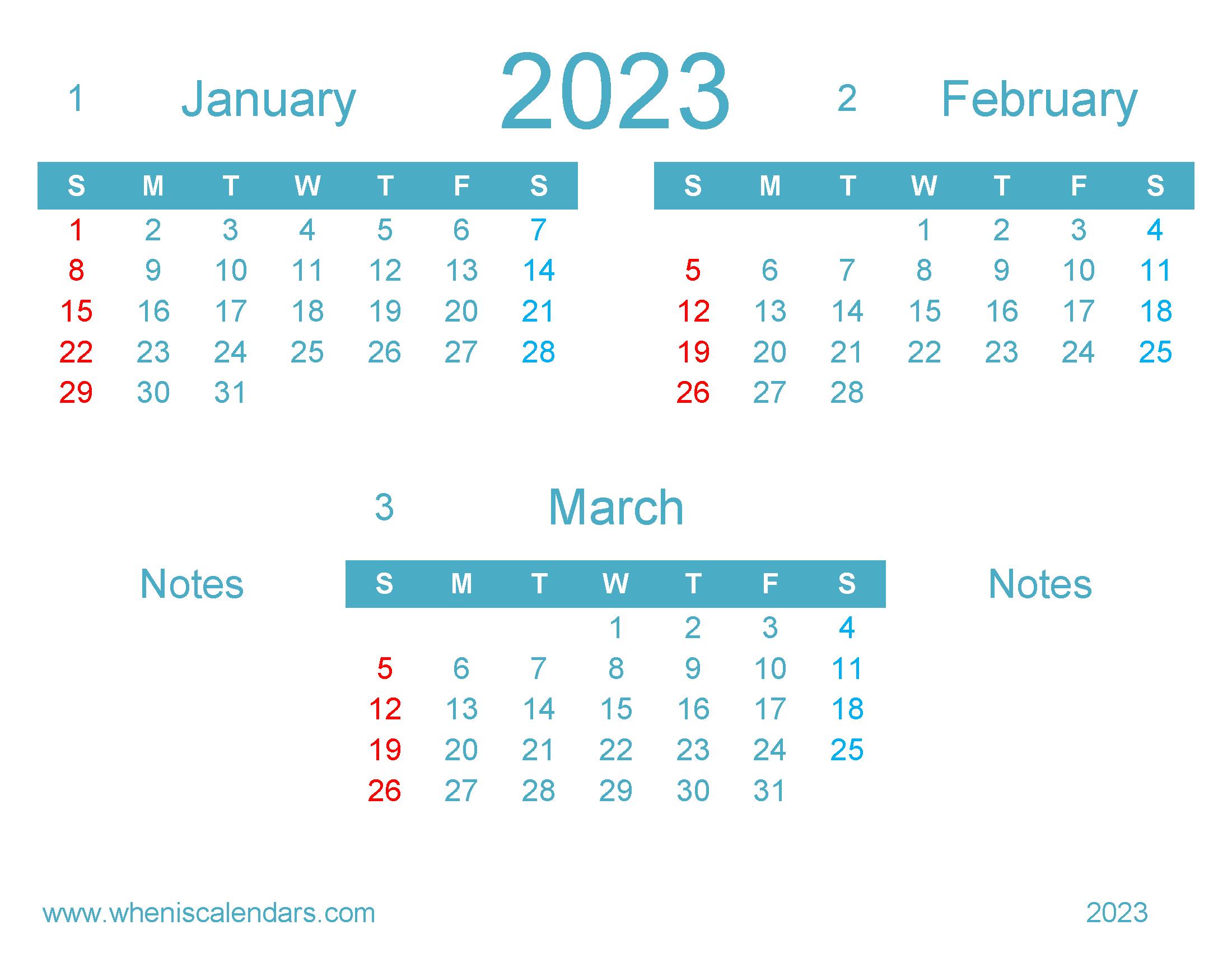 Free Calendar January February March 2023