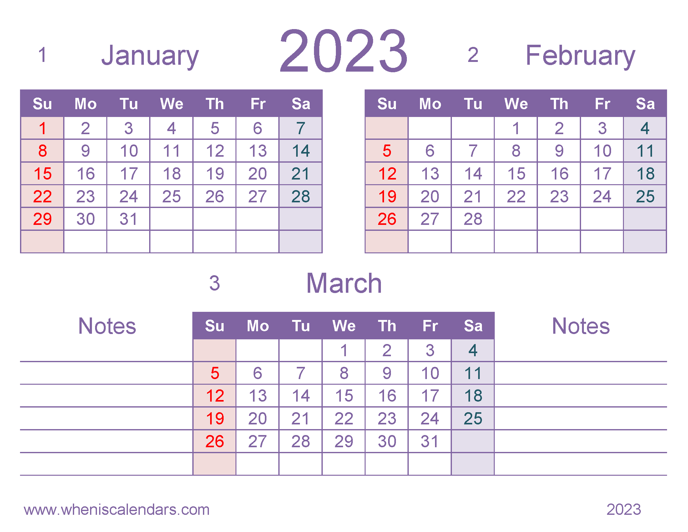 Free January February March 2023 Calendar