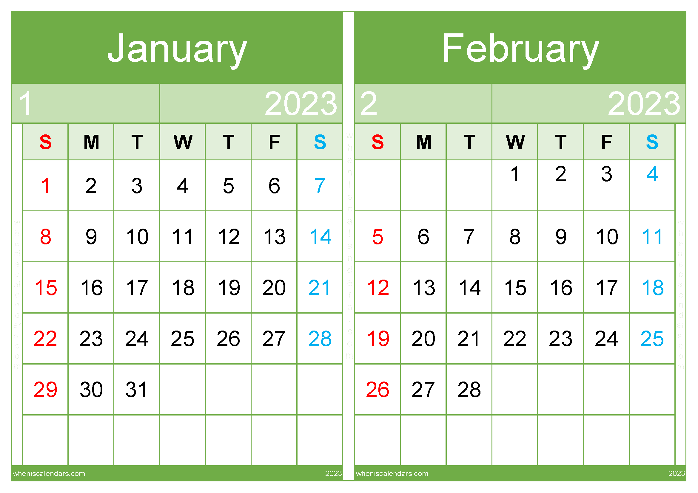 January February 2023 Calendar PDF Printable (JF2317)