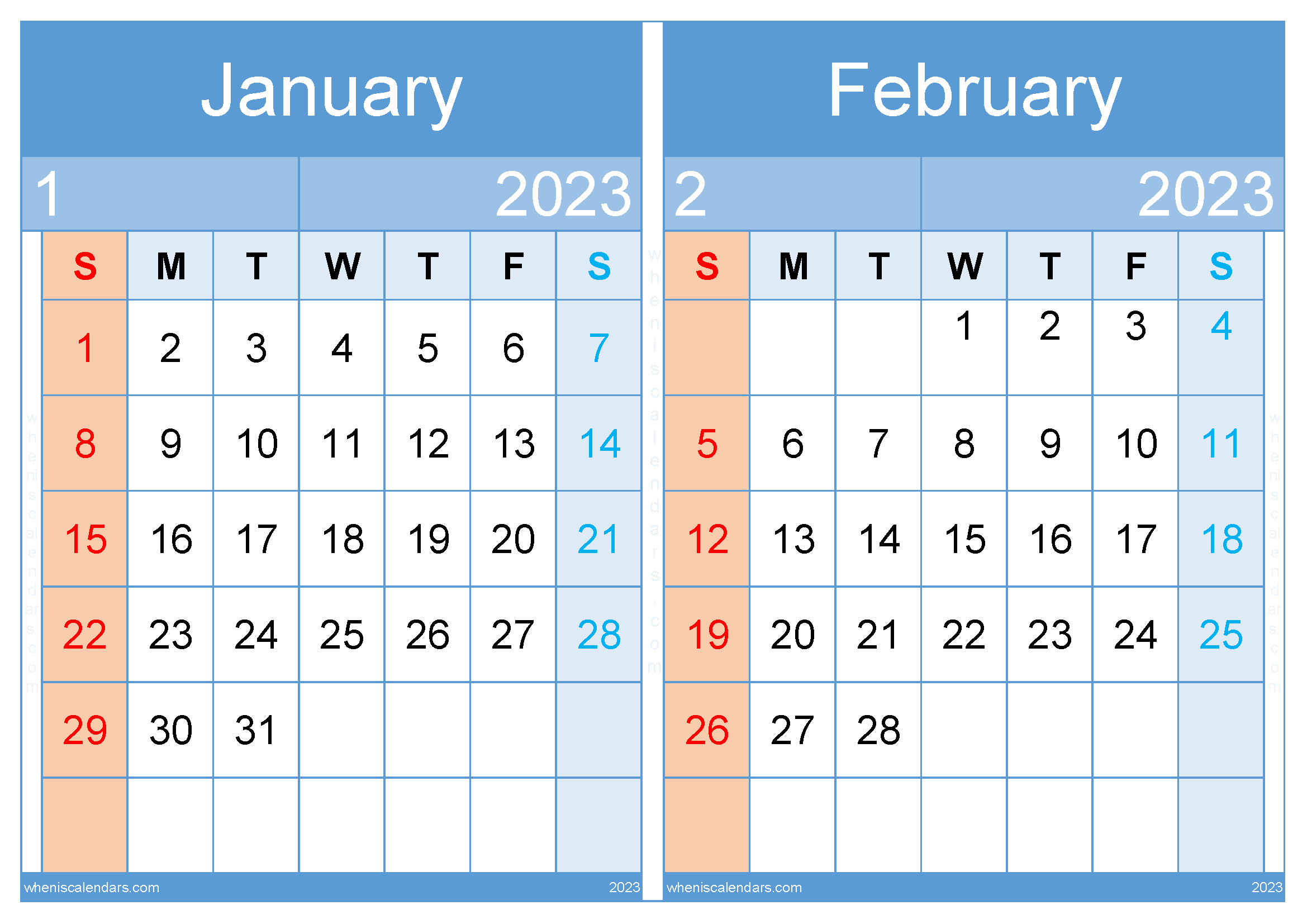 January February 2023 Calendar Template (JF2313)