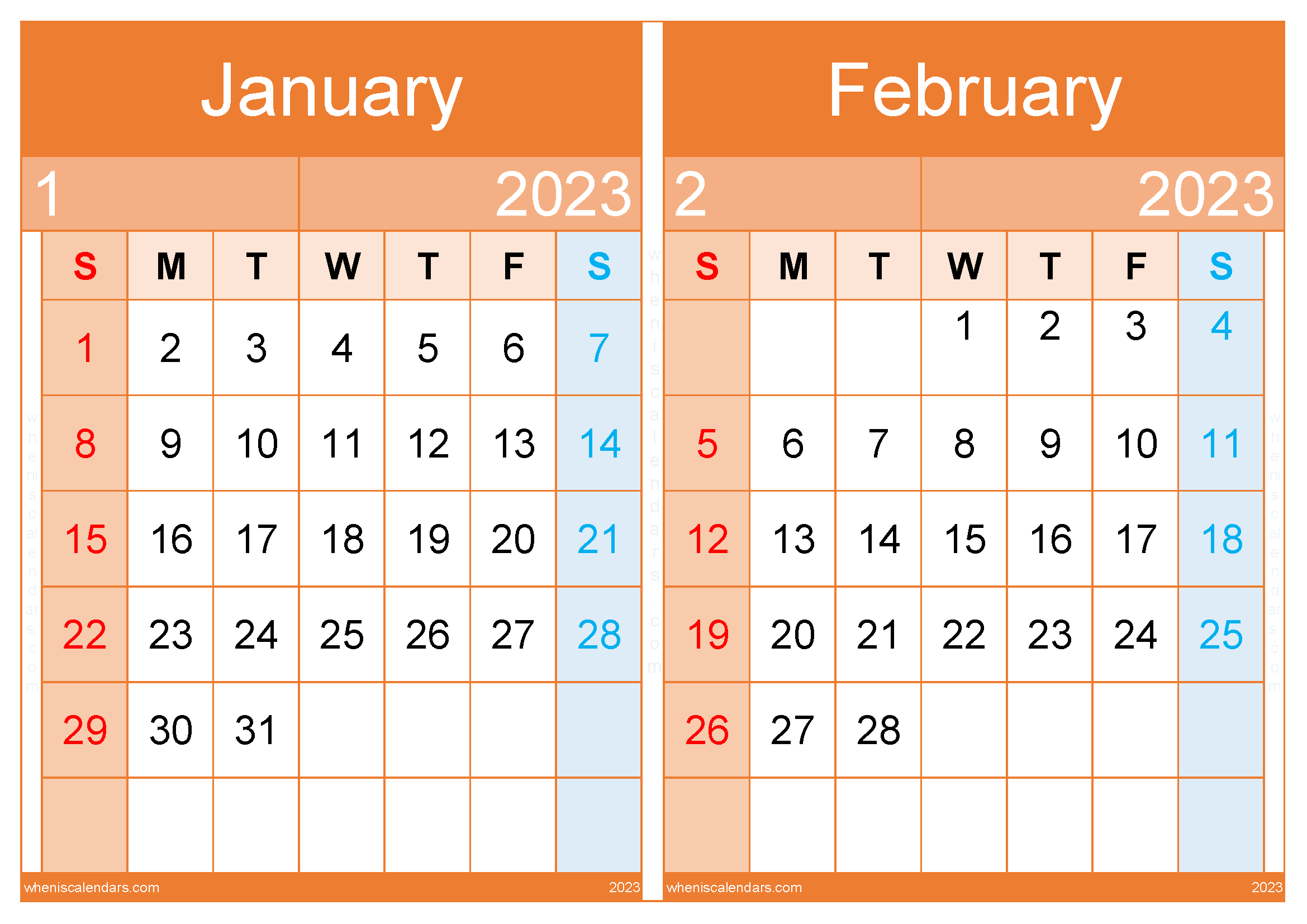 Free January February 2023 Calendar Template (JF2314)