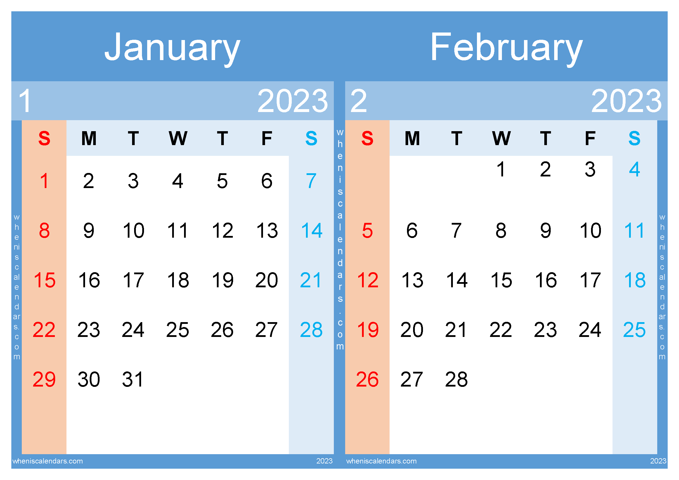 January February 2023 Calendar Free Printable (JF2315)