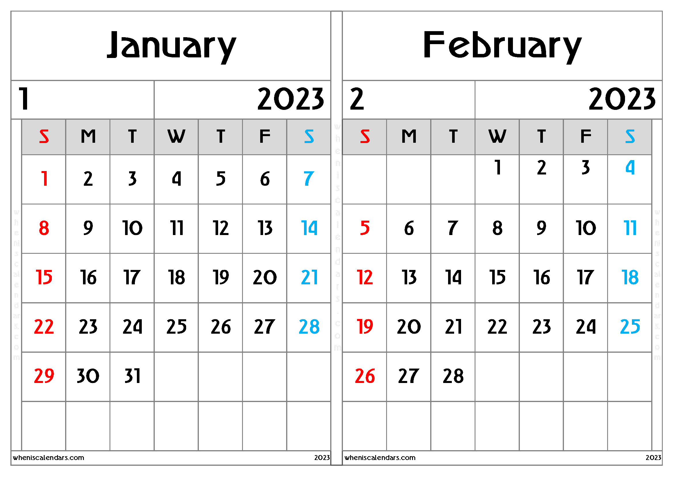 Calendar January February 2023 Printable (JF2304)