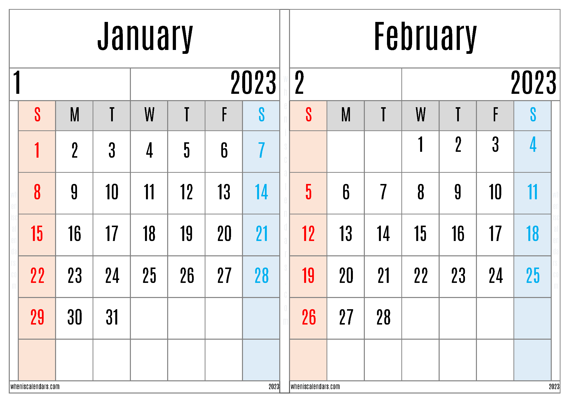 January February 2023 Calendar PDF Printable (JF2305)