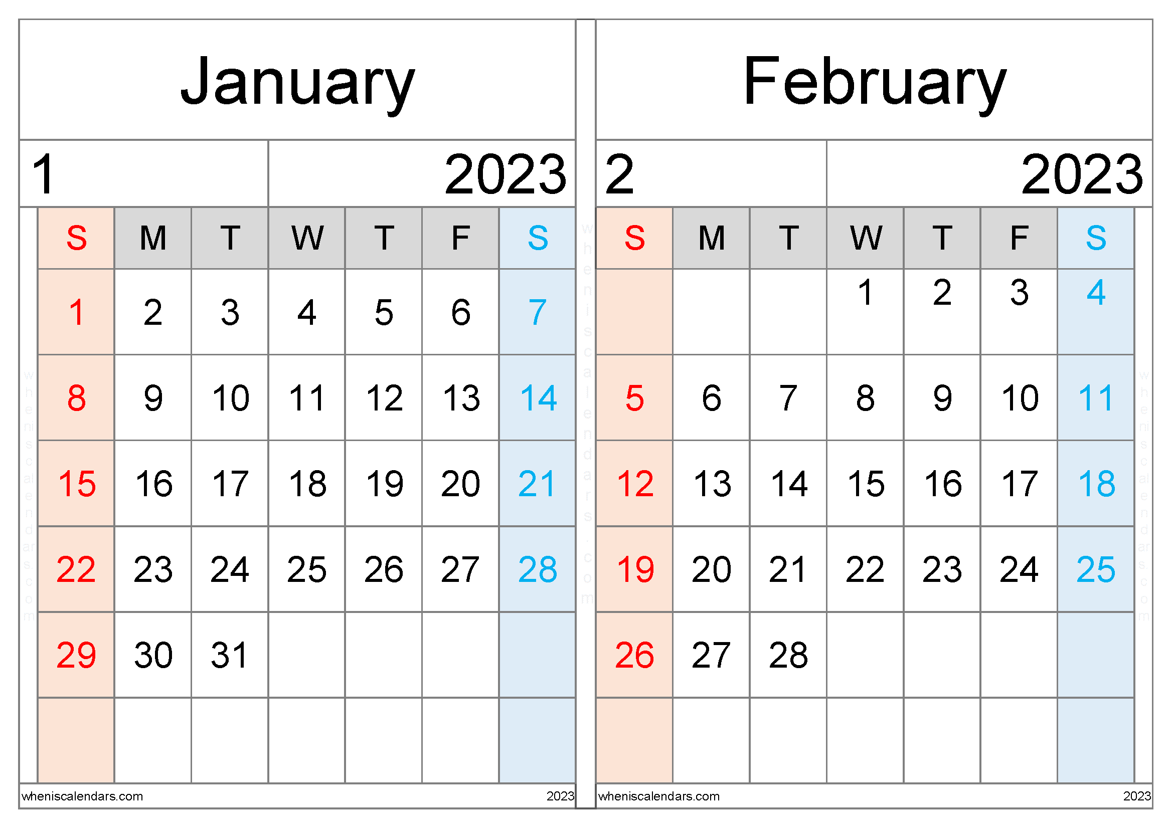 January February 2023 Calendar Template (JF2307)