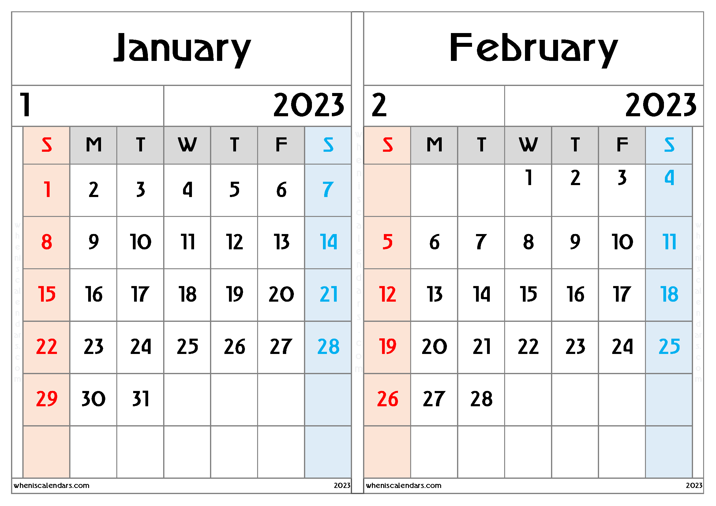 Free January February 2023 Calendar Template (JF2308)