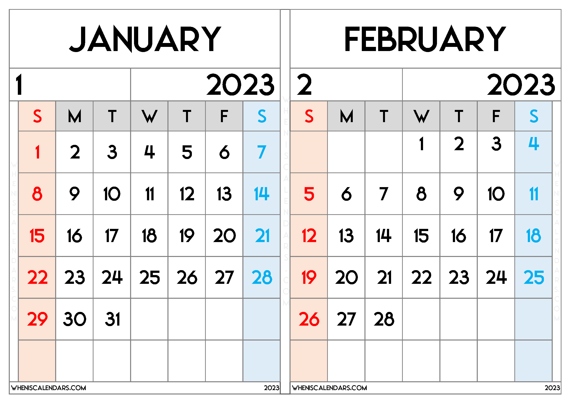 January February 2023 Calendar Free Printable (JF2309)