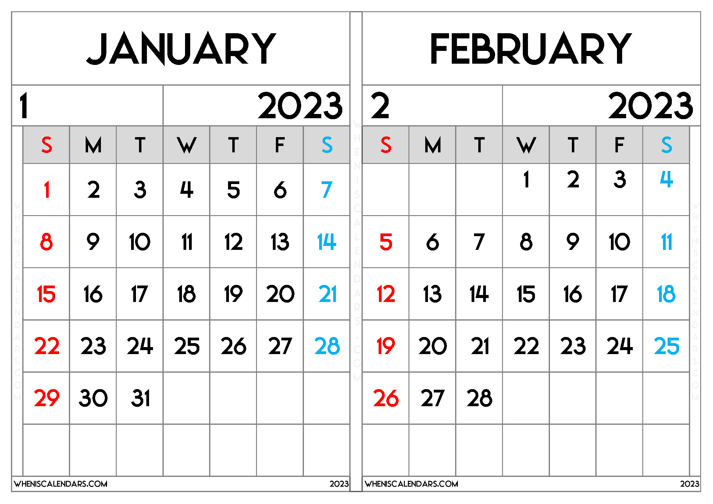 Calendar January February 2023 Printable (JF2310)
