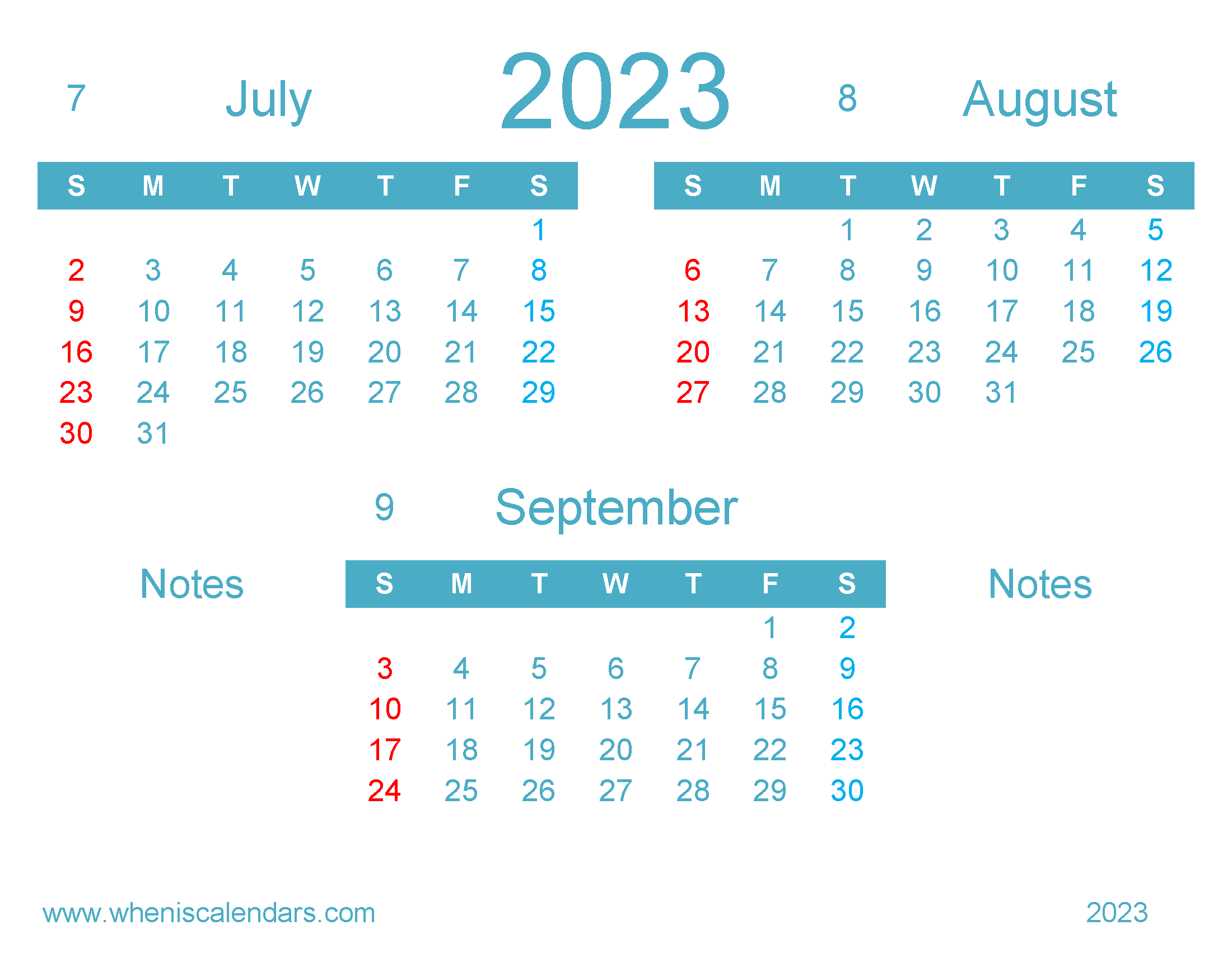 Free Calendar July August September 2023