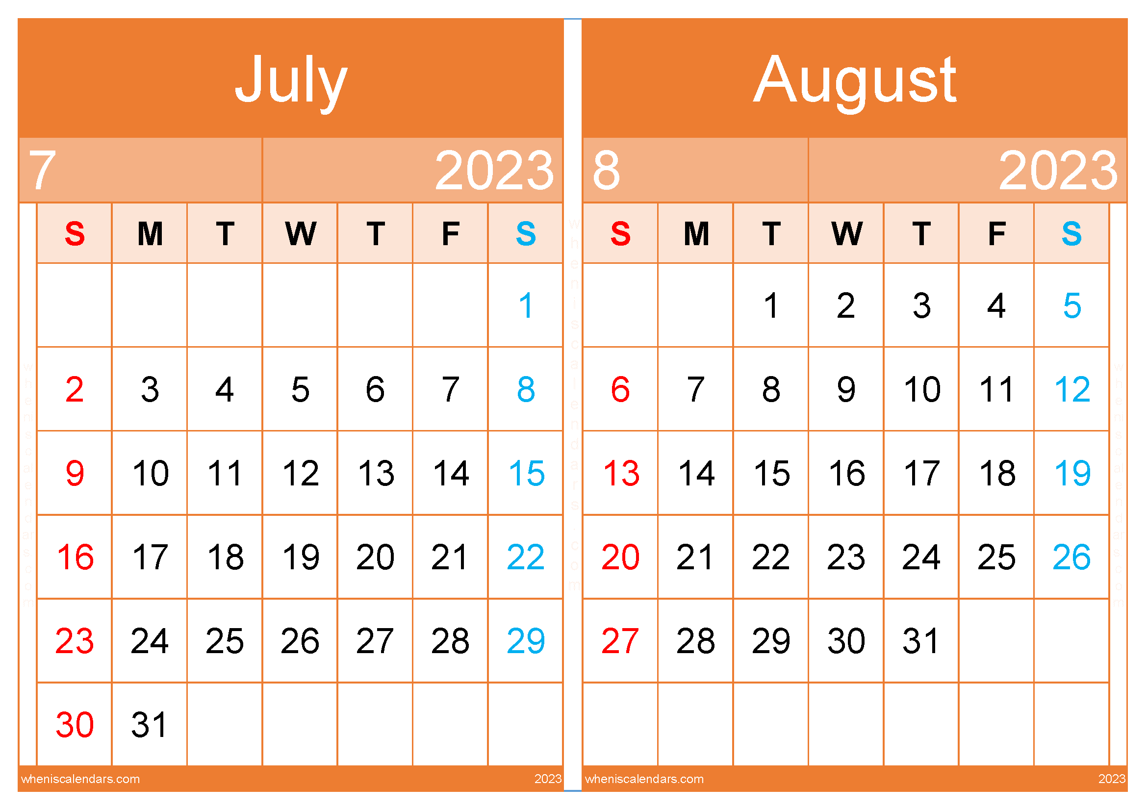 July and August Calendar 2023 Template (JA2312)
